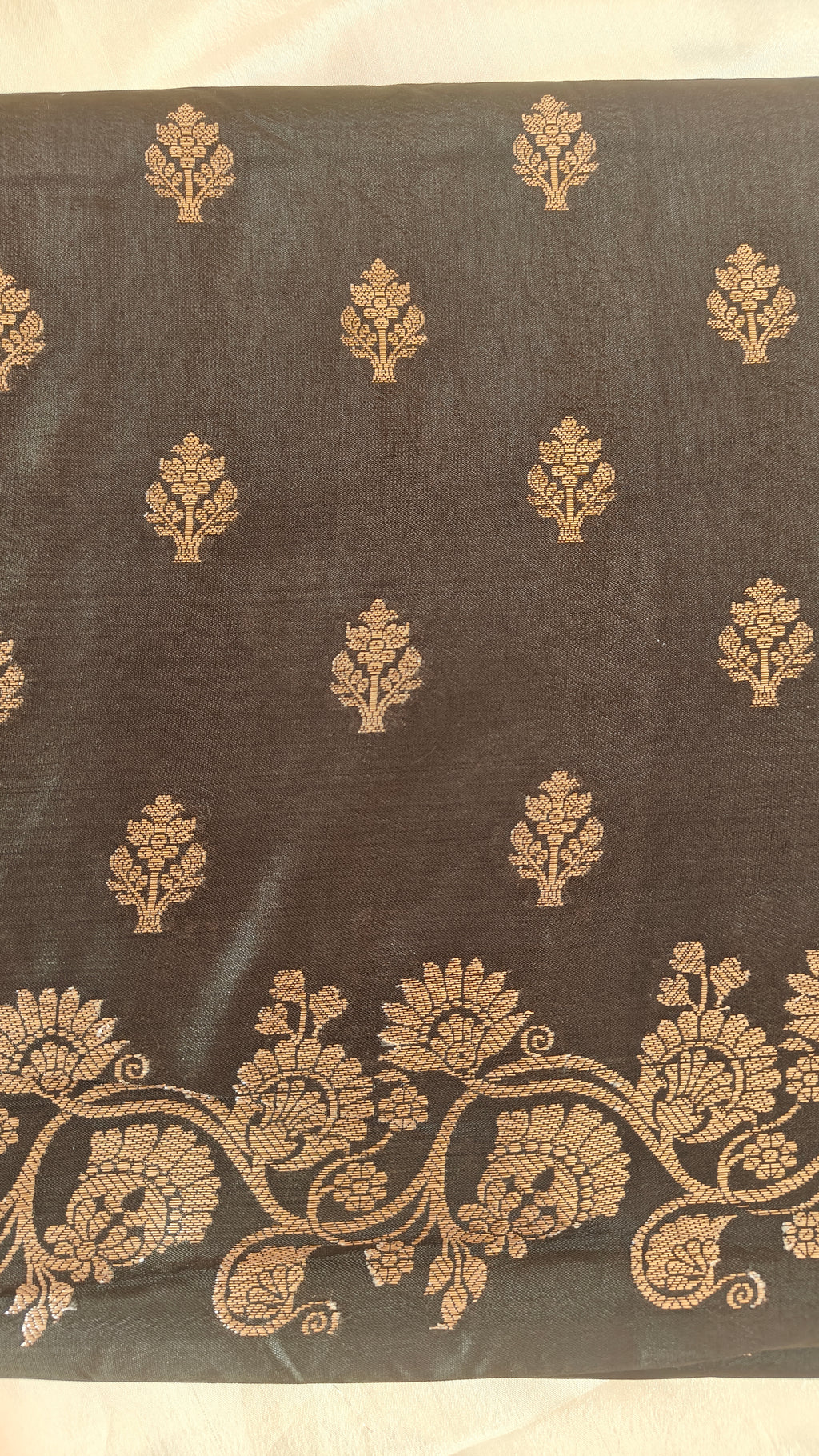 Dark Olive Banarasi Silk Saree with All-Over Booti & Unique Running Border