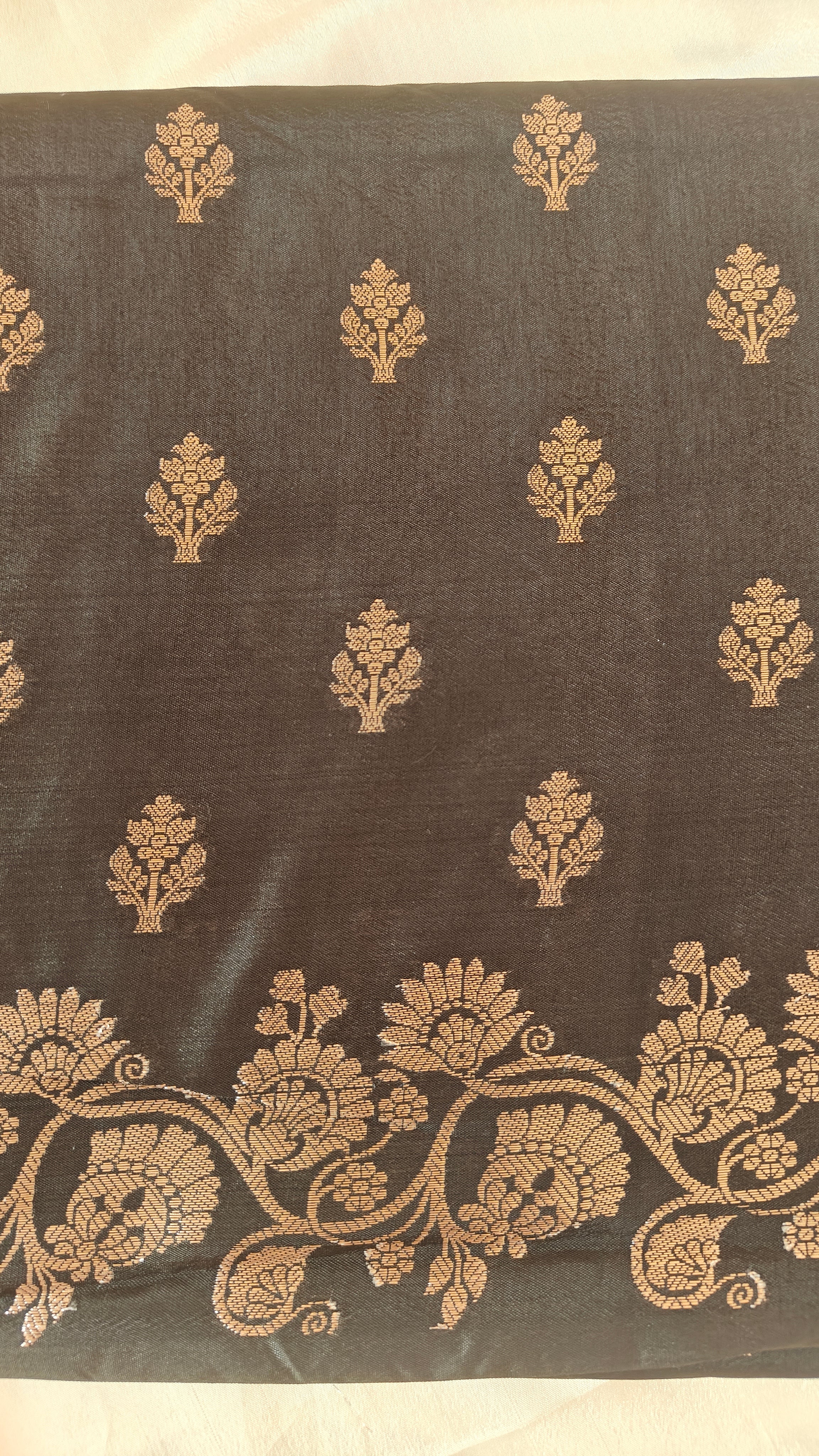 Dark Olive Banarasi Silk Saree with All-Over Booti & Unique Running Border