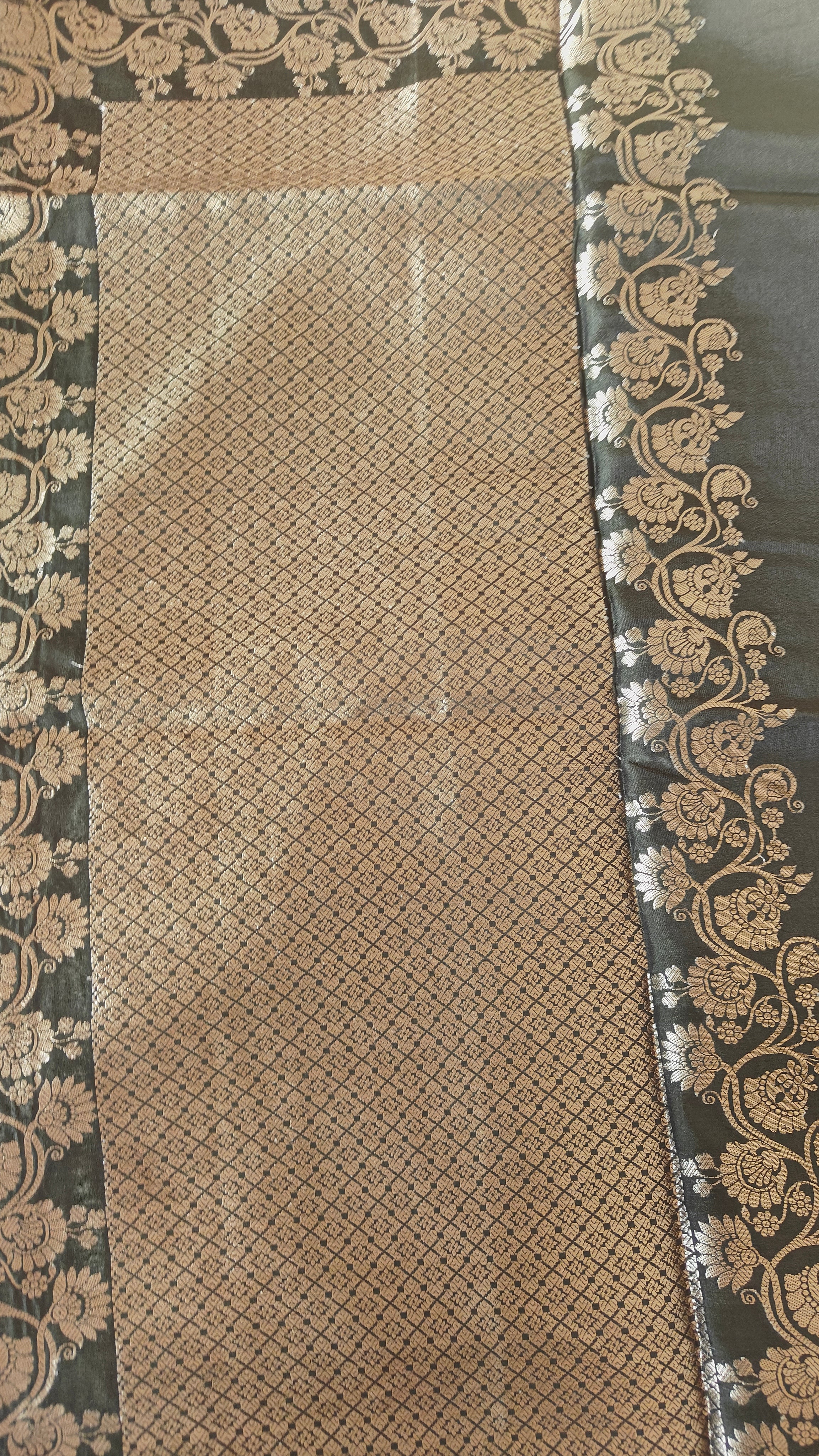 Dark Olive Banarasi Silk Saree with All-Over Booti & Unique Running Border