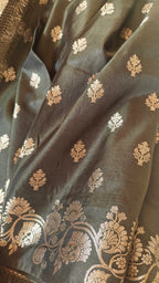 Dark Olive Banarasi Silk Saree with All-Over Booti & Unique Running Border