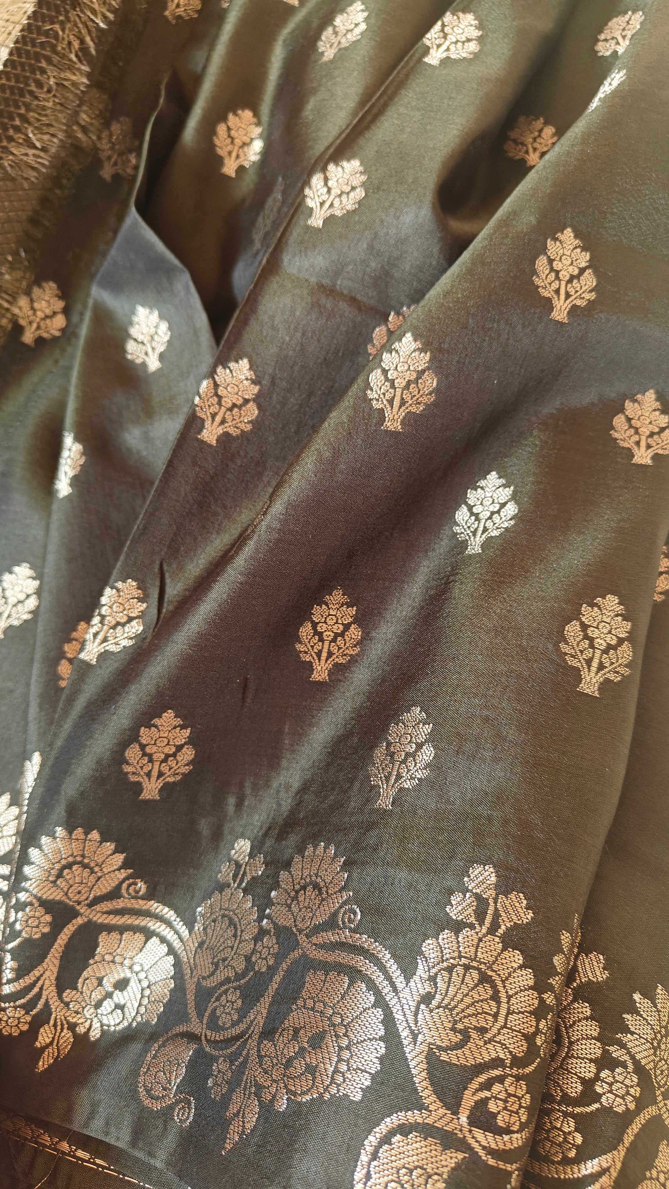 Dark Olive Banarasi Silk Saree with All-Over Booti & Unique Running Border