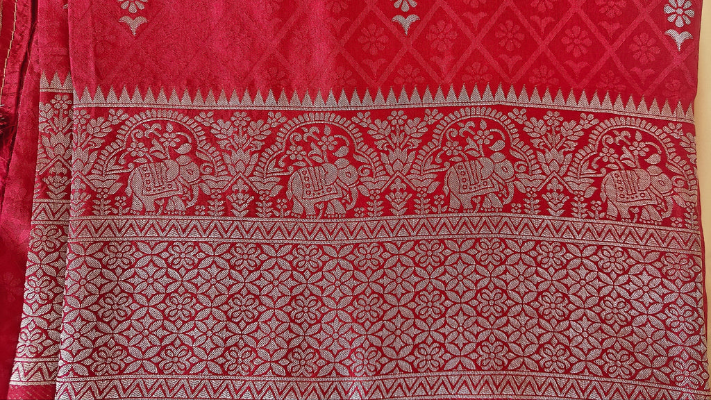 Red Banarasi Silk Tanchoi Saree with Elephant Border