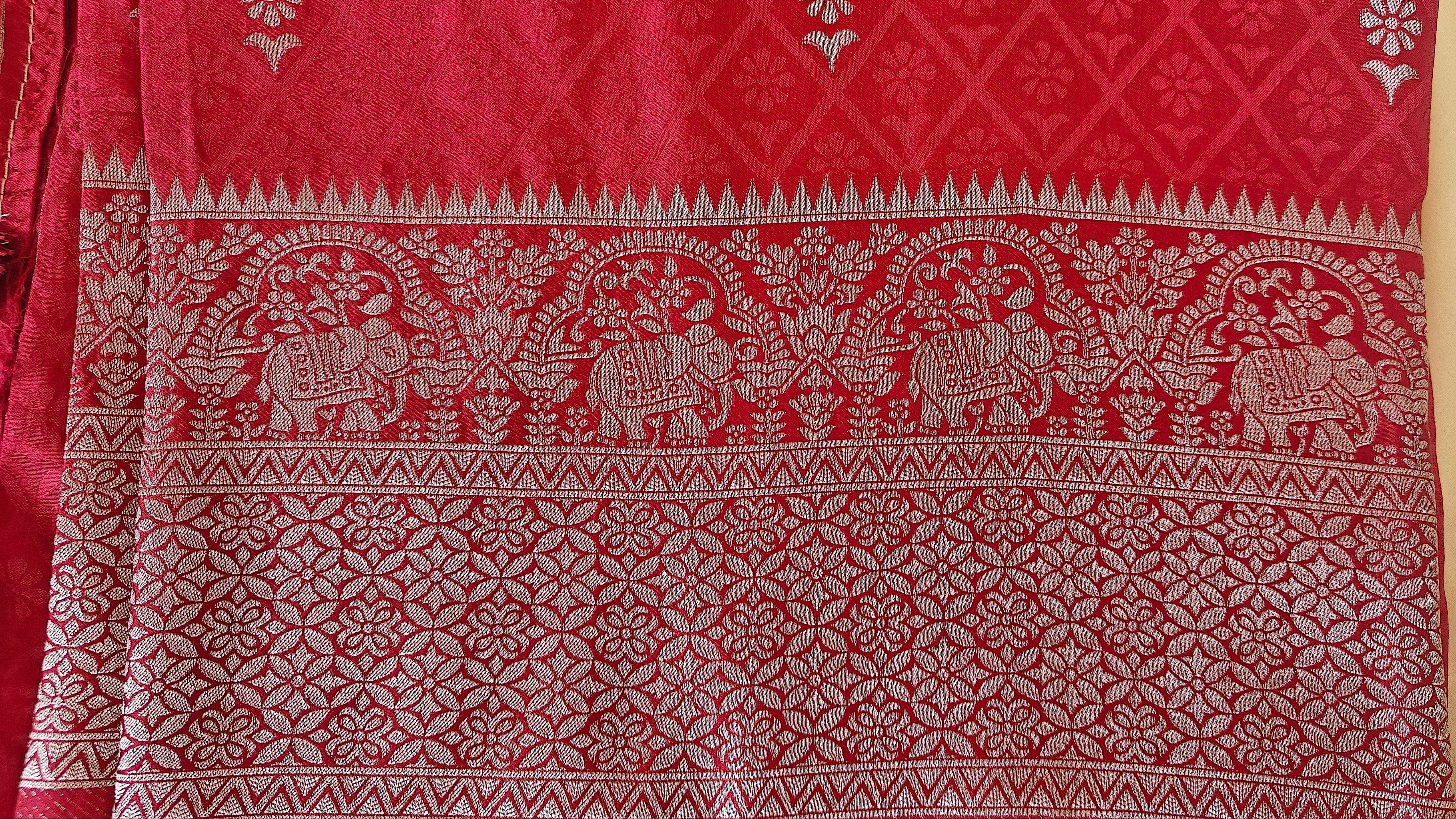 Red Banarasi Silk Tanchoi Saree with Elephant Border