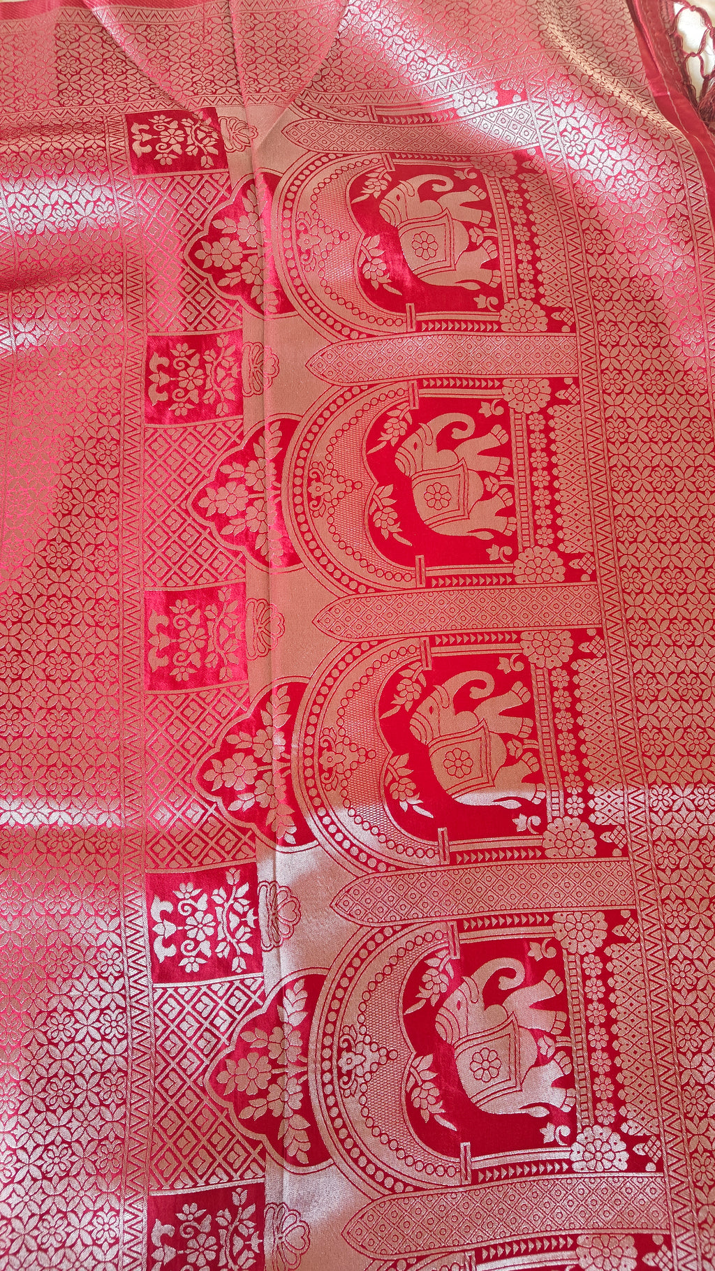 Red Banarasi Silk Tanchoi Saree with Elephant Border
