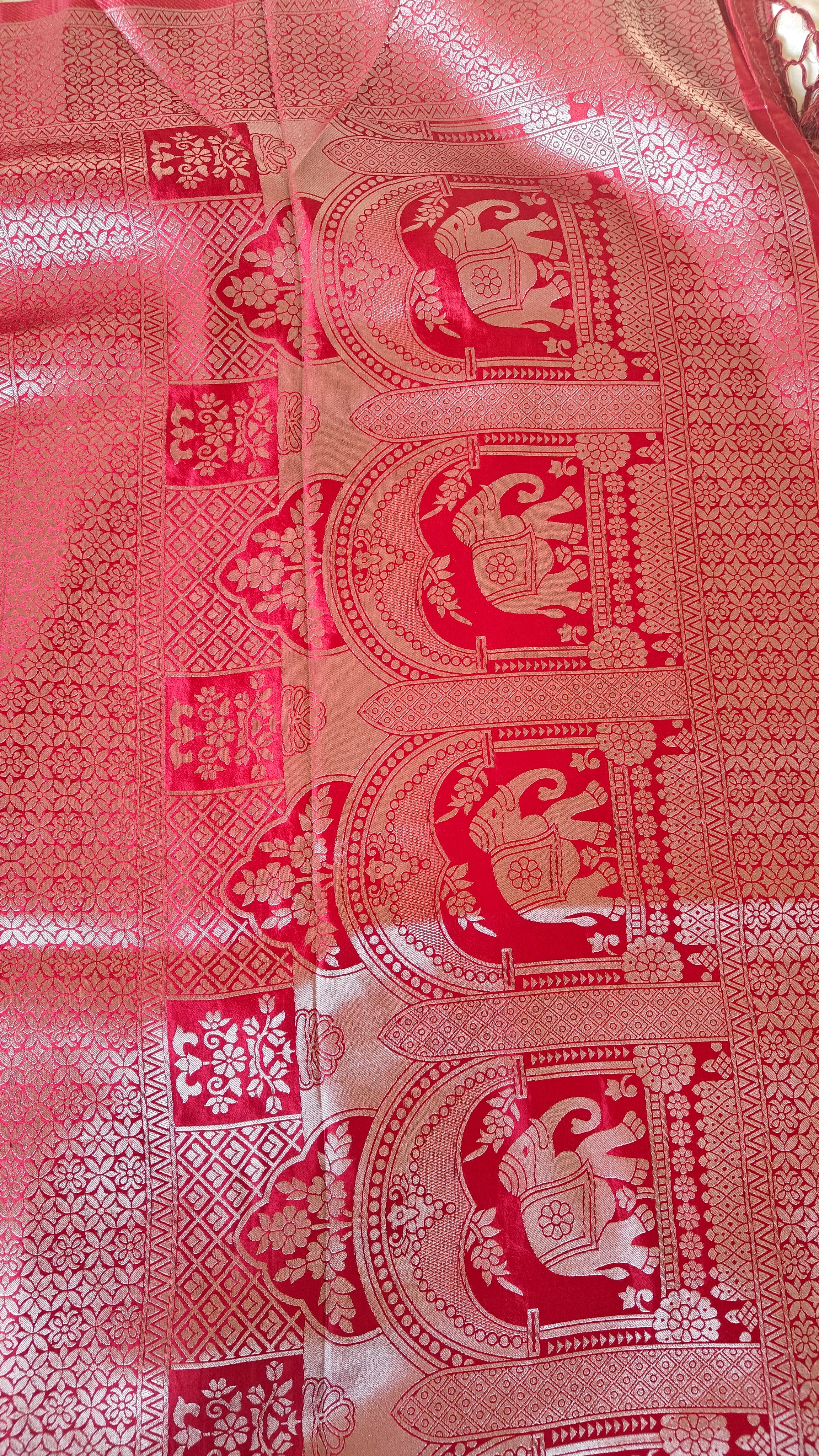 Red Banarasi Silk Tanchoi Saree with Elephant Border