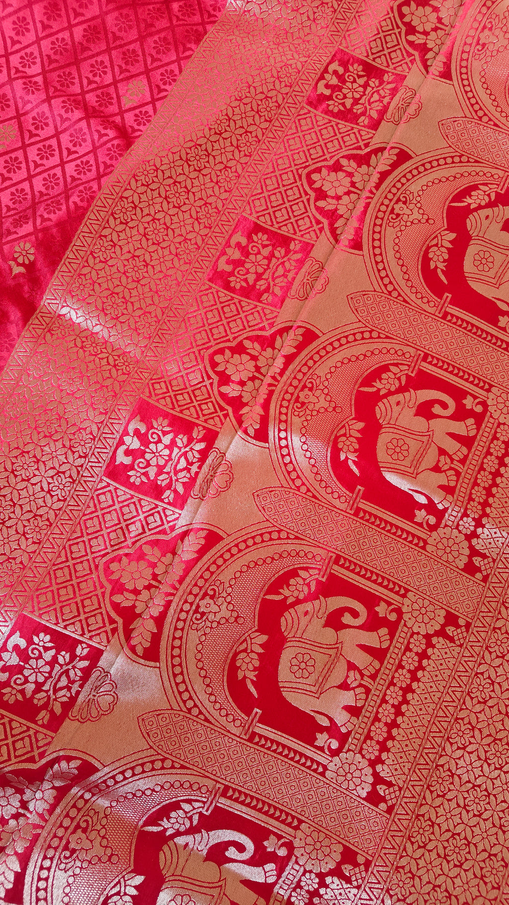 Red Banarasi Silk Tanchoi Saree with Elephant Border