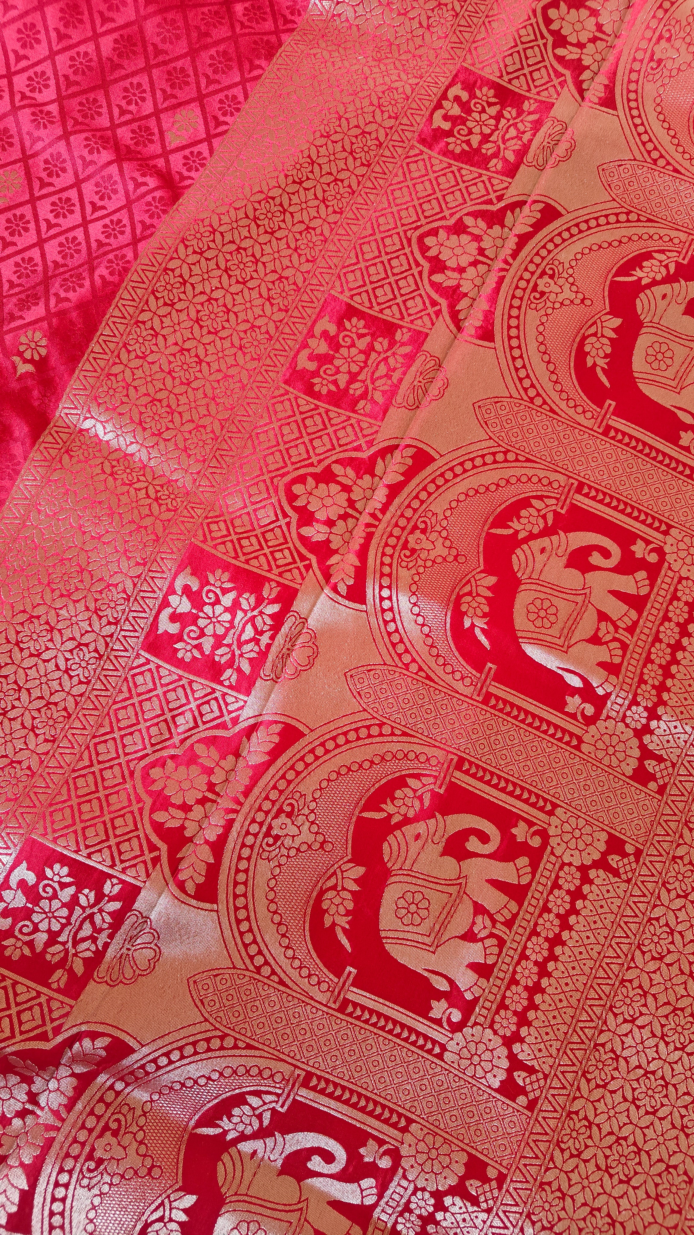 Red Banarasi Silk Tanchoi Saree with Elephant Border