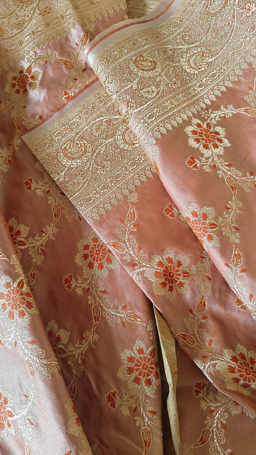 Baby Pink Silk Saree with Dark Floral Jaal