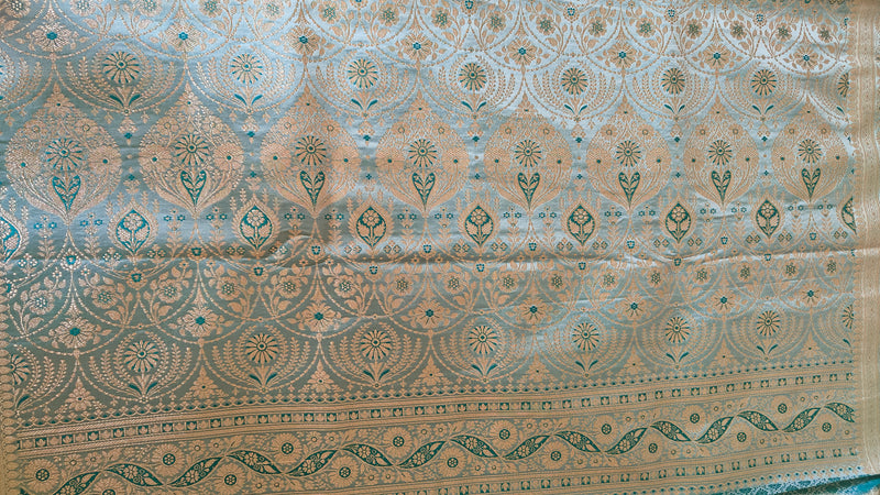 Light Ferozi silk Saree with Dark Ferozi Floral Jaal