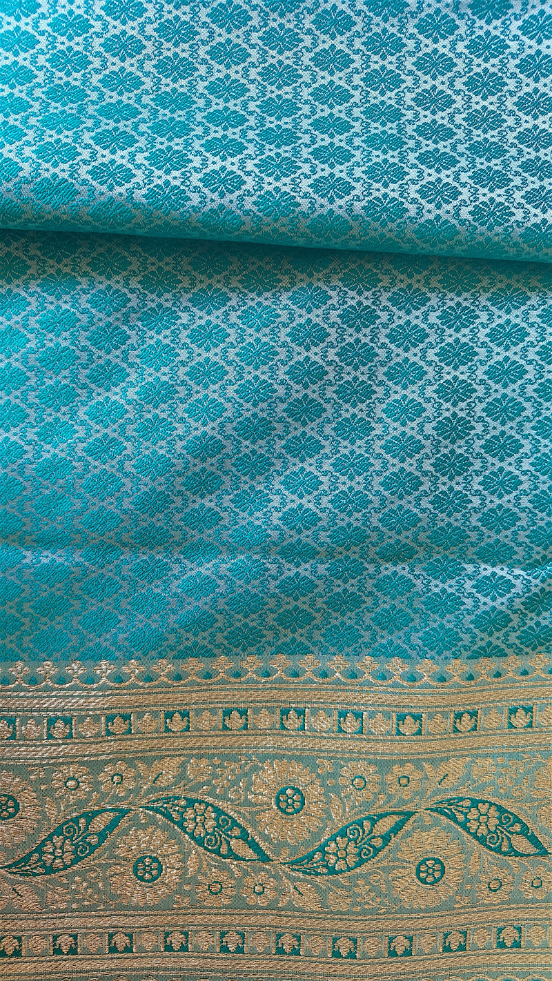 Light Ferozi silk Saree with Dark Ferozi Floral Jaal
