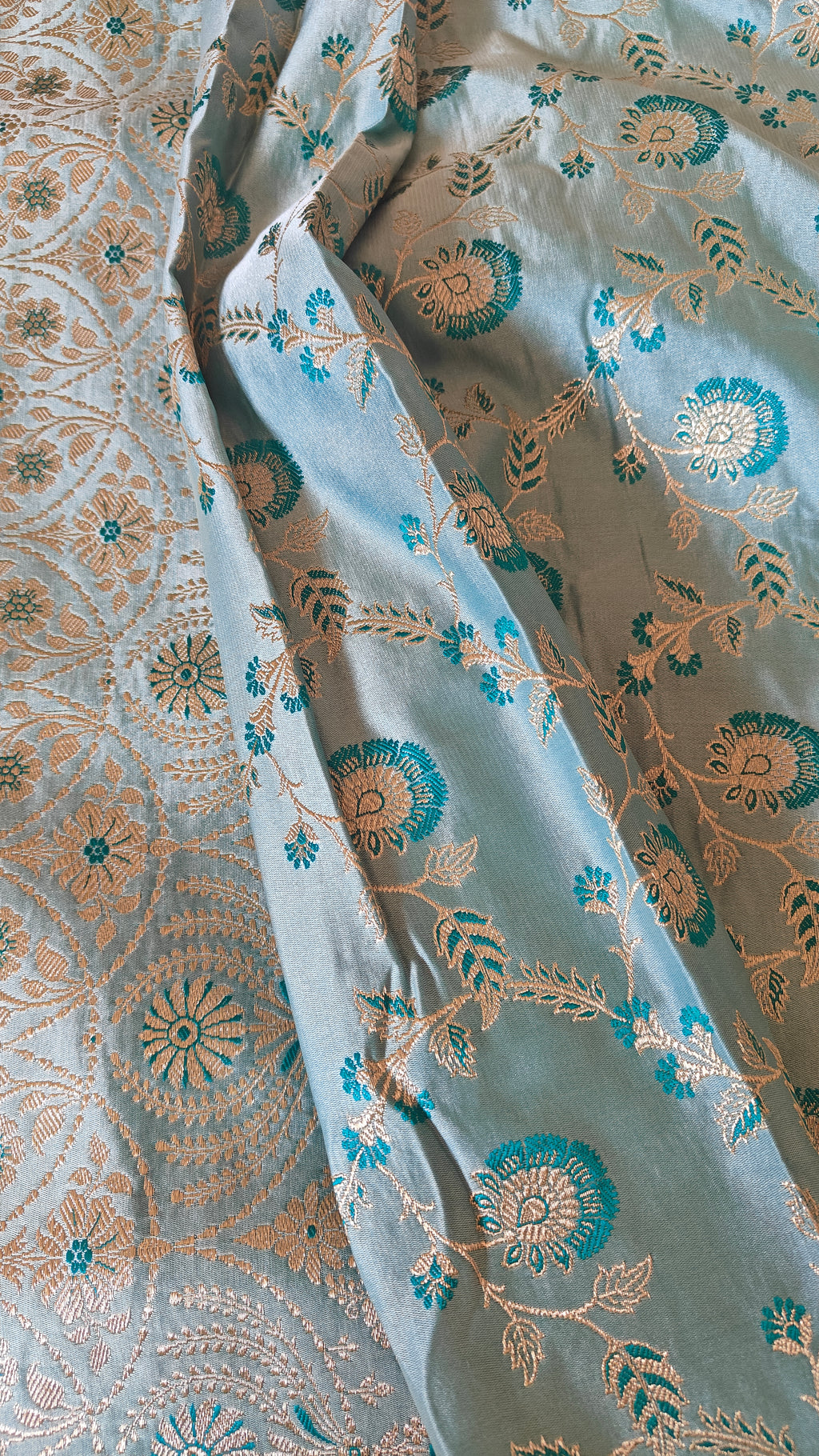 Light Ferozi silk Saree with Dark Ferozi Floral Jaal