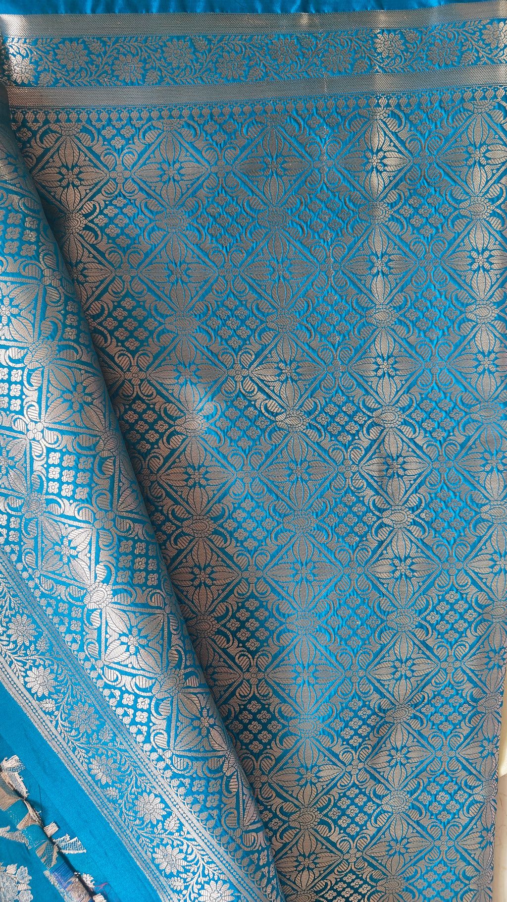 Teal Banarasi Silk saree with All-Over Jaal zari