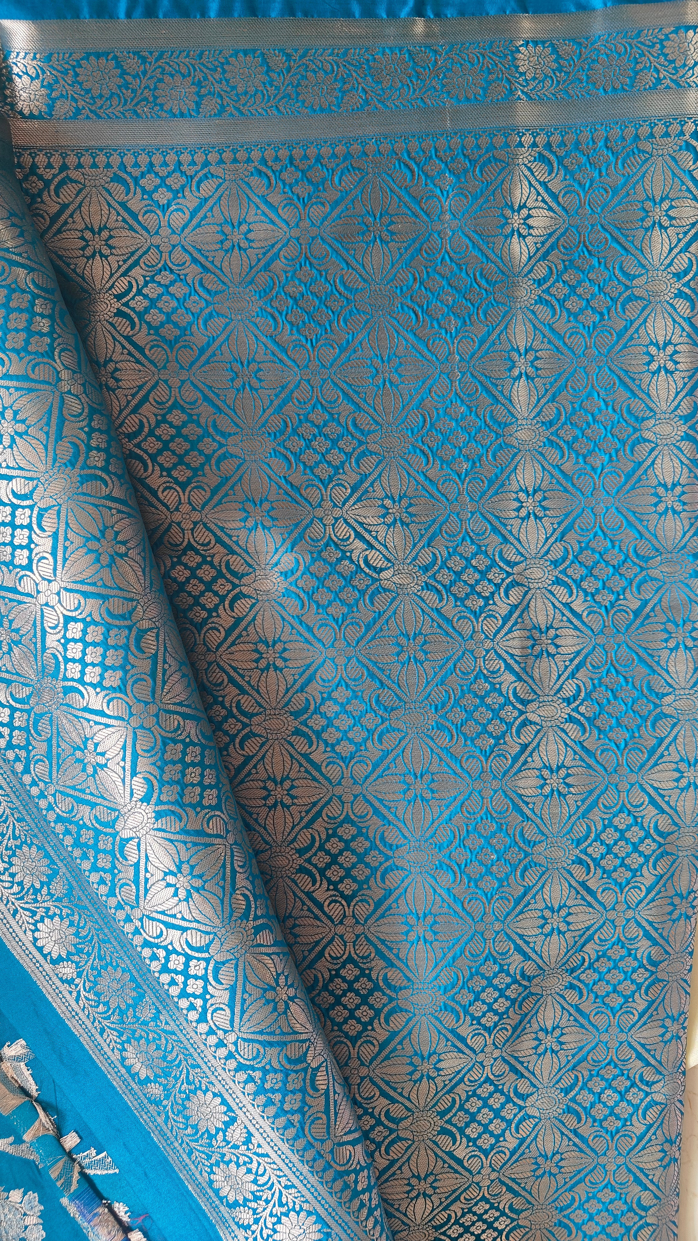 Teal Banarasi Silk saree with All-Over Jaal zari