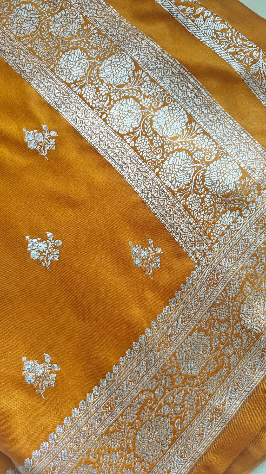Royal Mustard Silk Saree with Silver Meenakari Booti & Rich Pallu