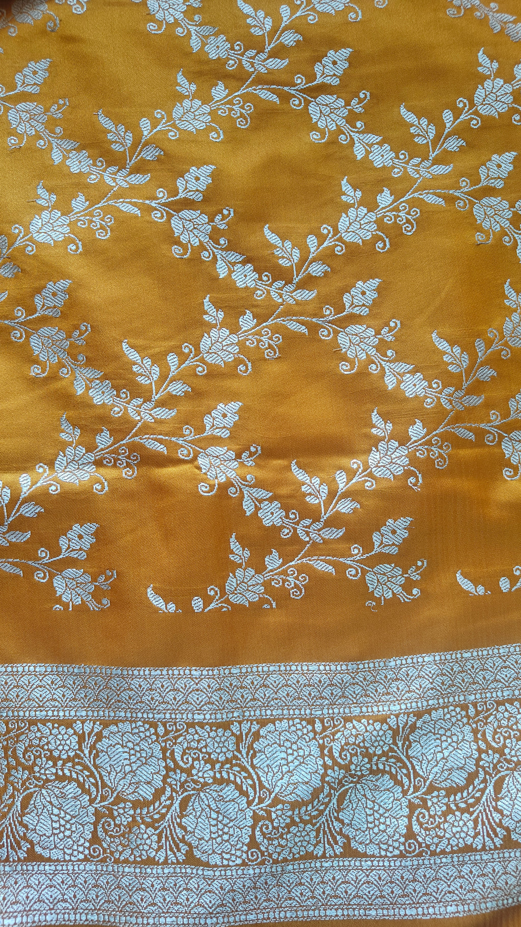 Royal Mustard Silk Saree with Silver Meenakari Booti & Rich Pallu
