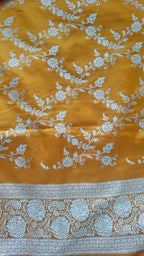 Royal Mustard Silk Saree with Silver Meenakari Booti & Rich Pallu
