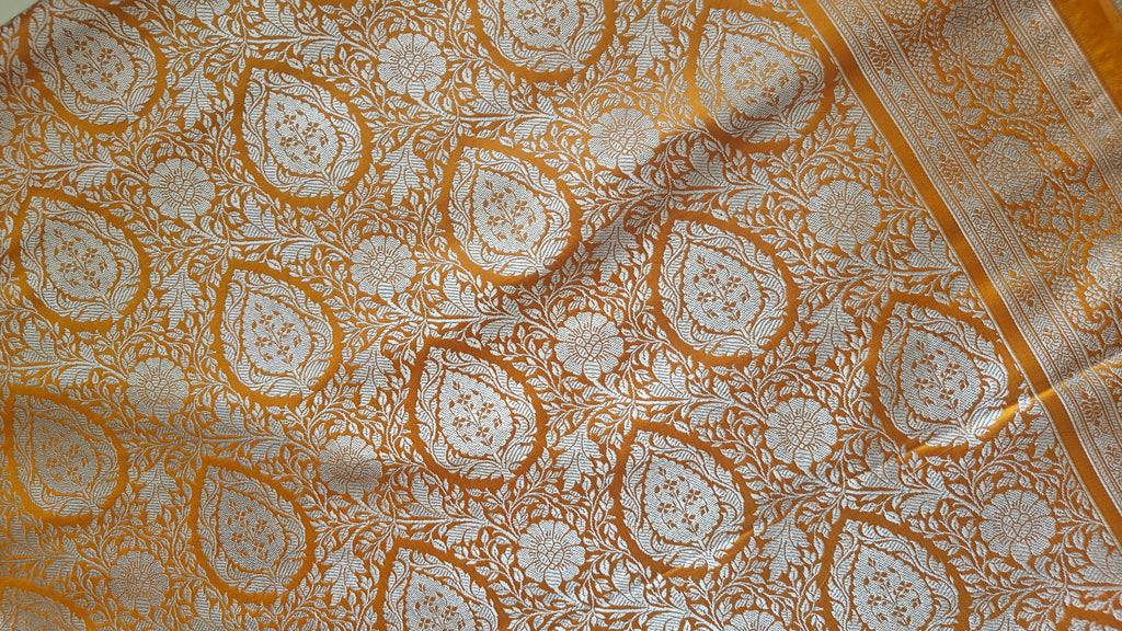 Royal Mustard Silk Saree with Silver Meenakari Booti & Rich Pallu