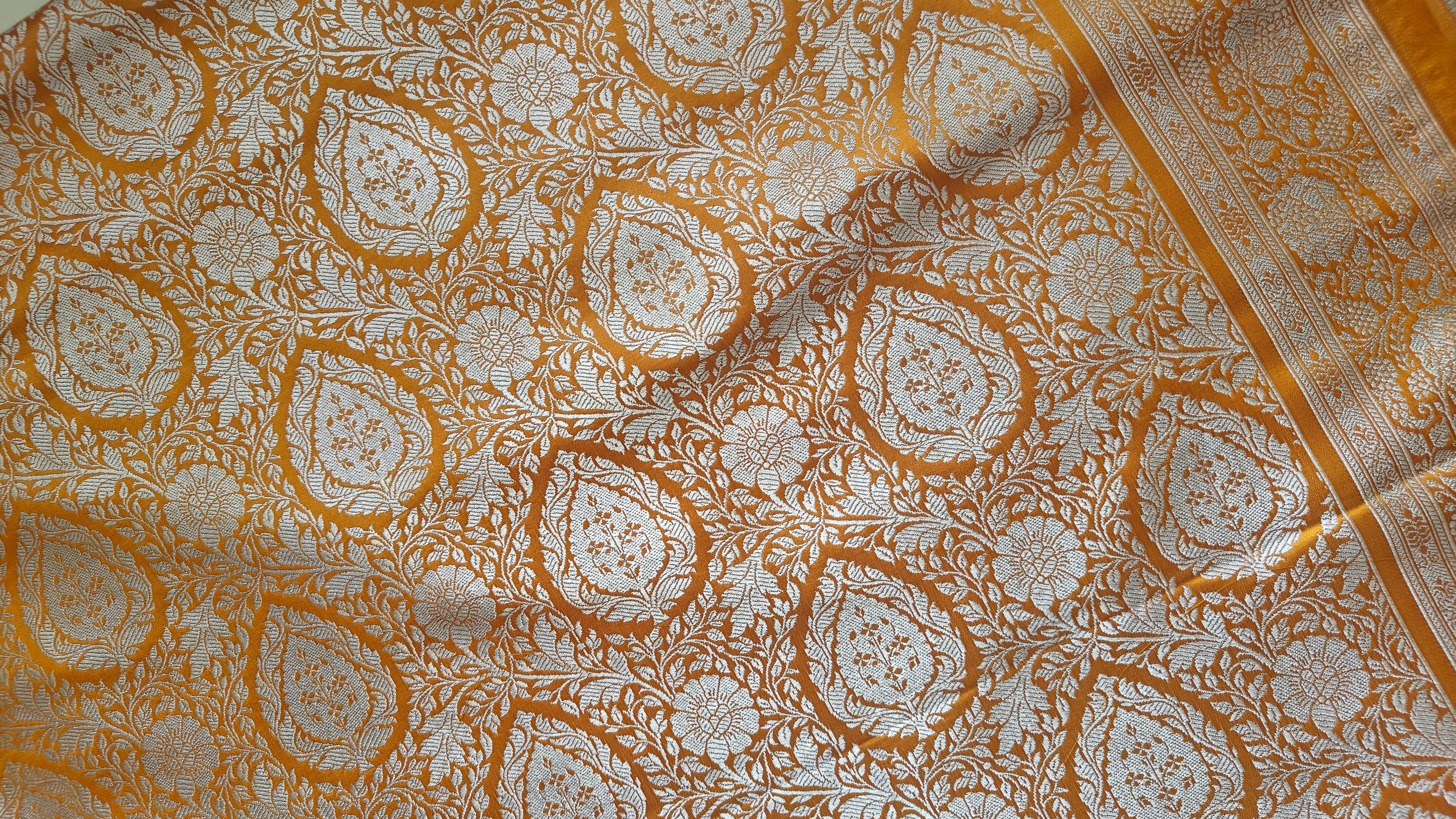 Royal Mustard Silk Saree with Silver Meenakari Booti & Rich Pallu