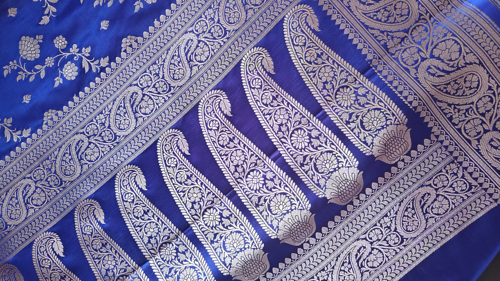 Navy blue Silk Saree with floral Jal