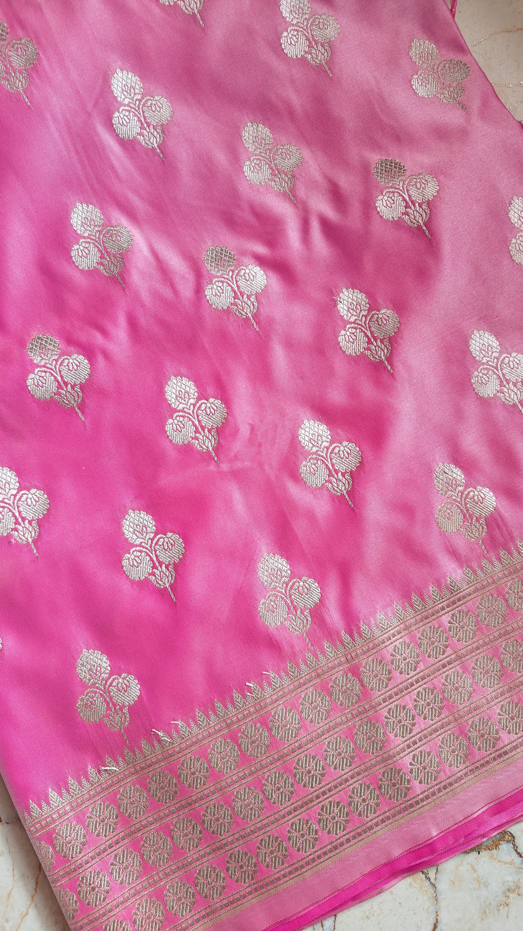 Pastel Light Pink Saree with Silver Zari Booti & Designer Border