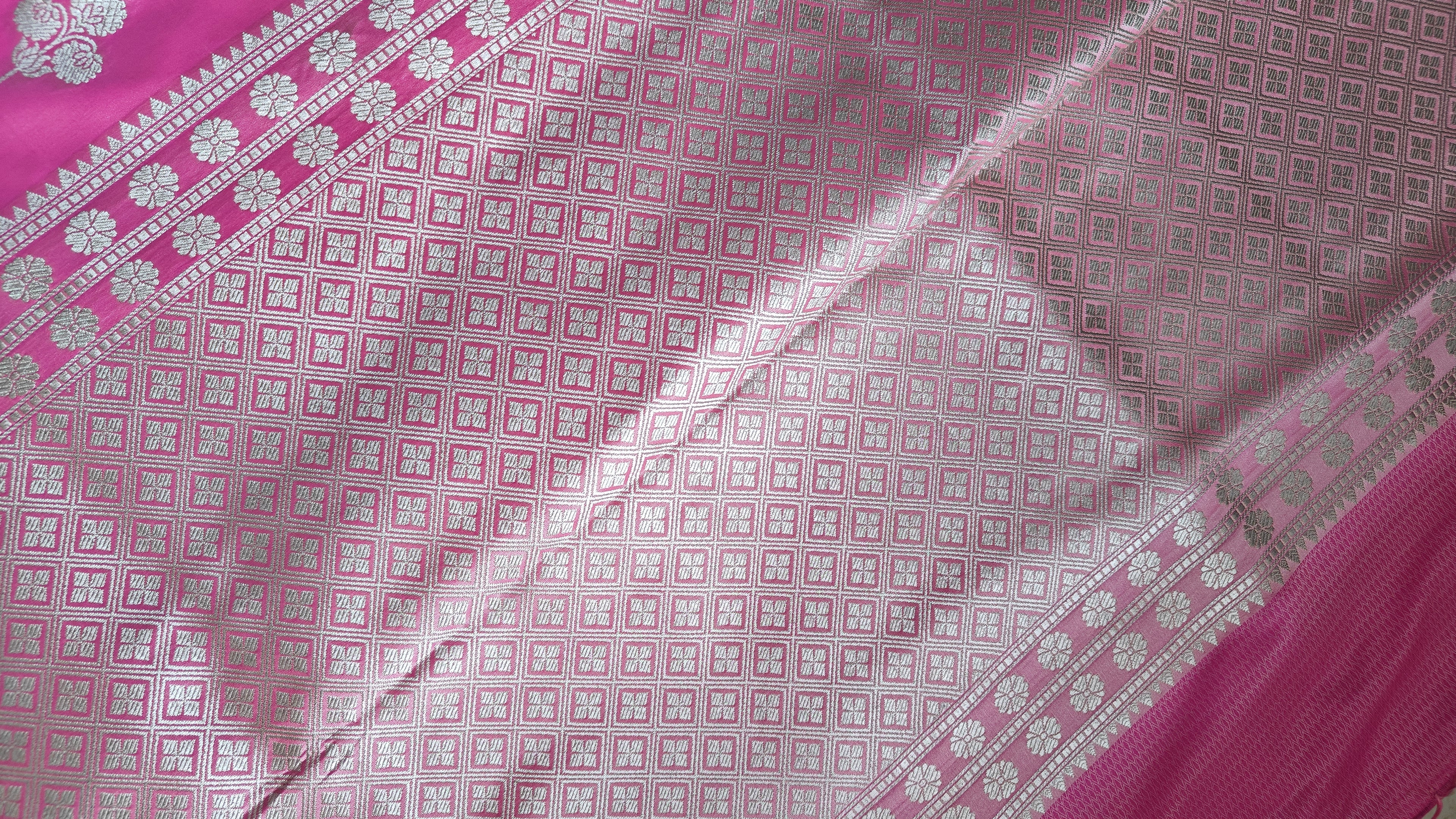 Pastel Light Pink Saree with Silver Zari Booti & Designer Border