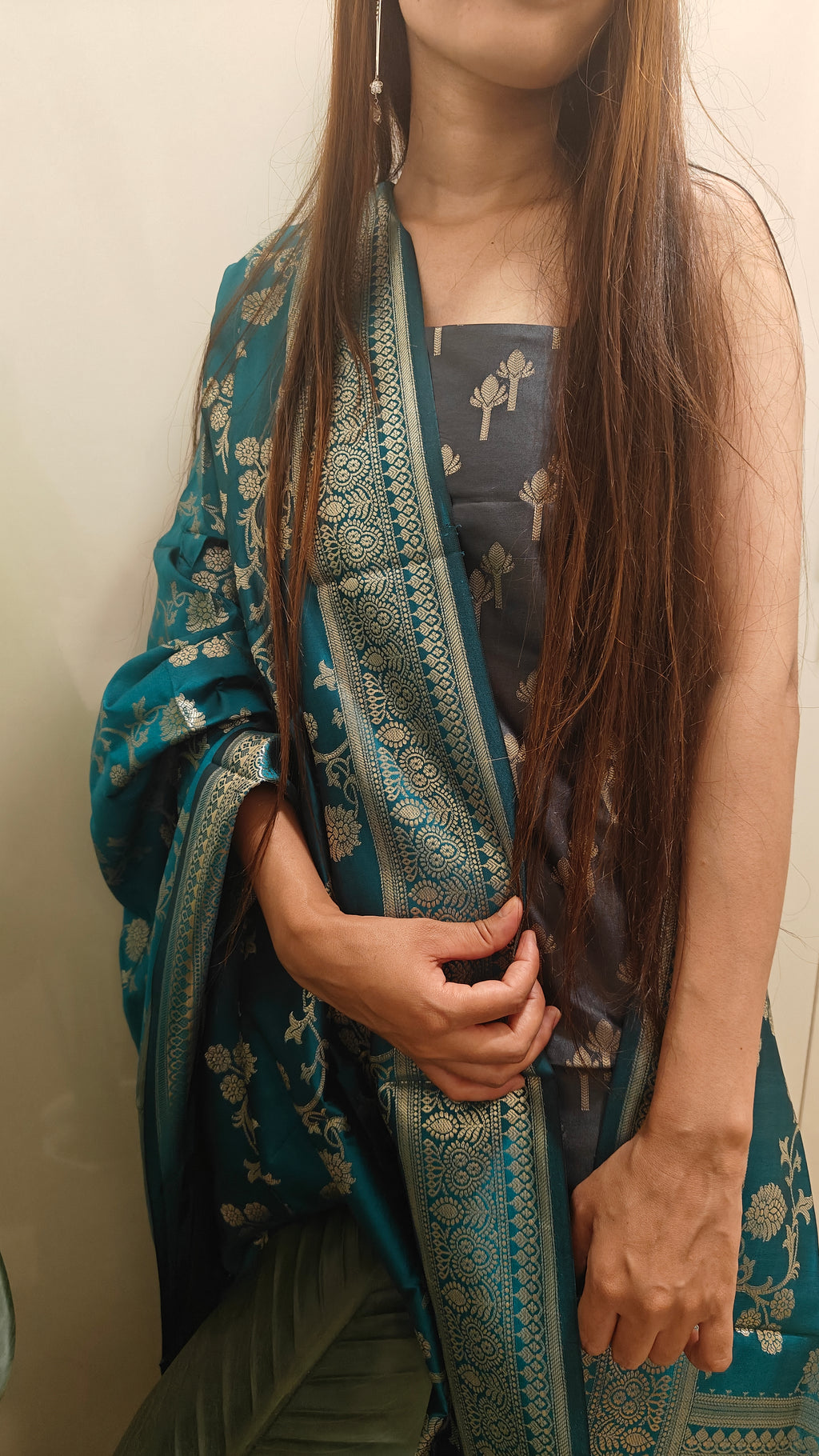 Dark Grey Green Silk Suit Set
