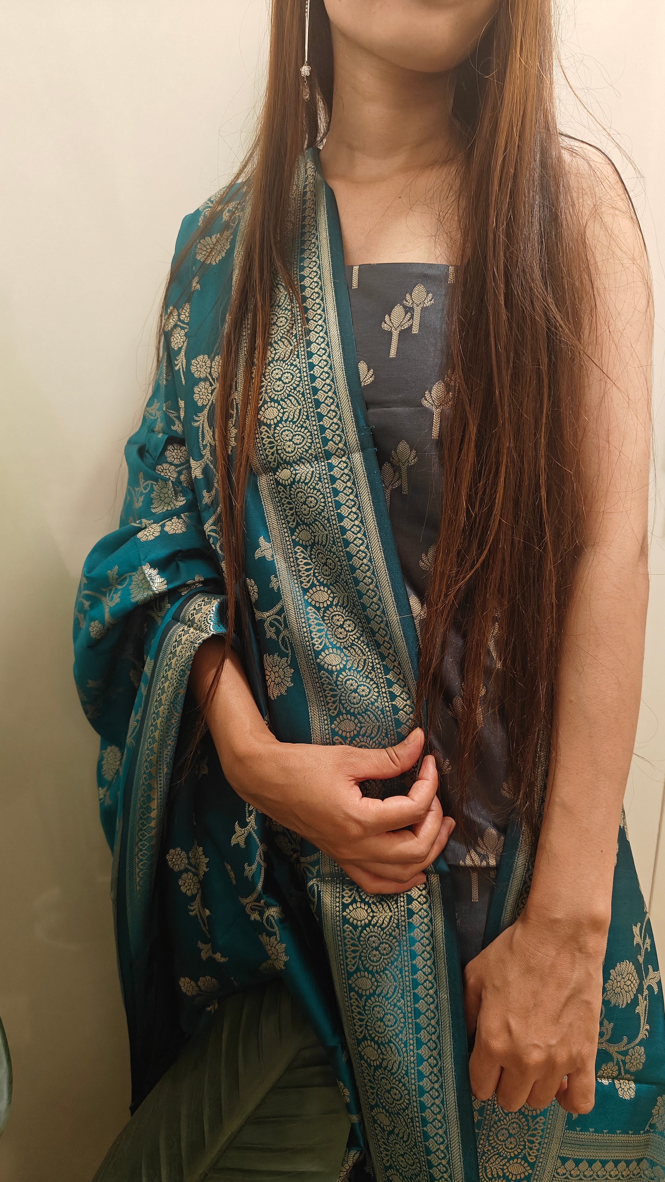 Dark Grey Green Silk Suit Set