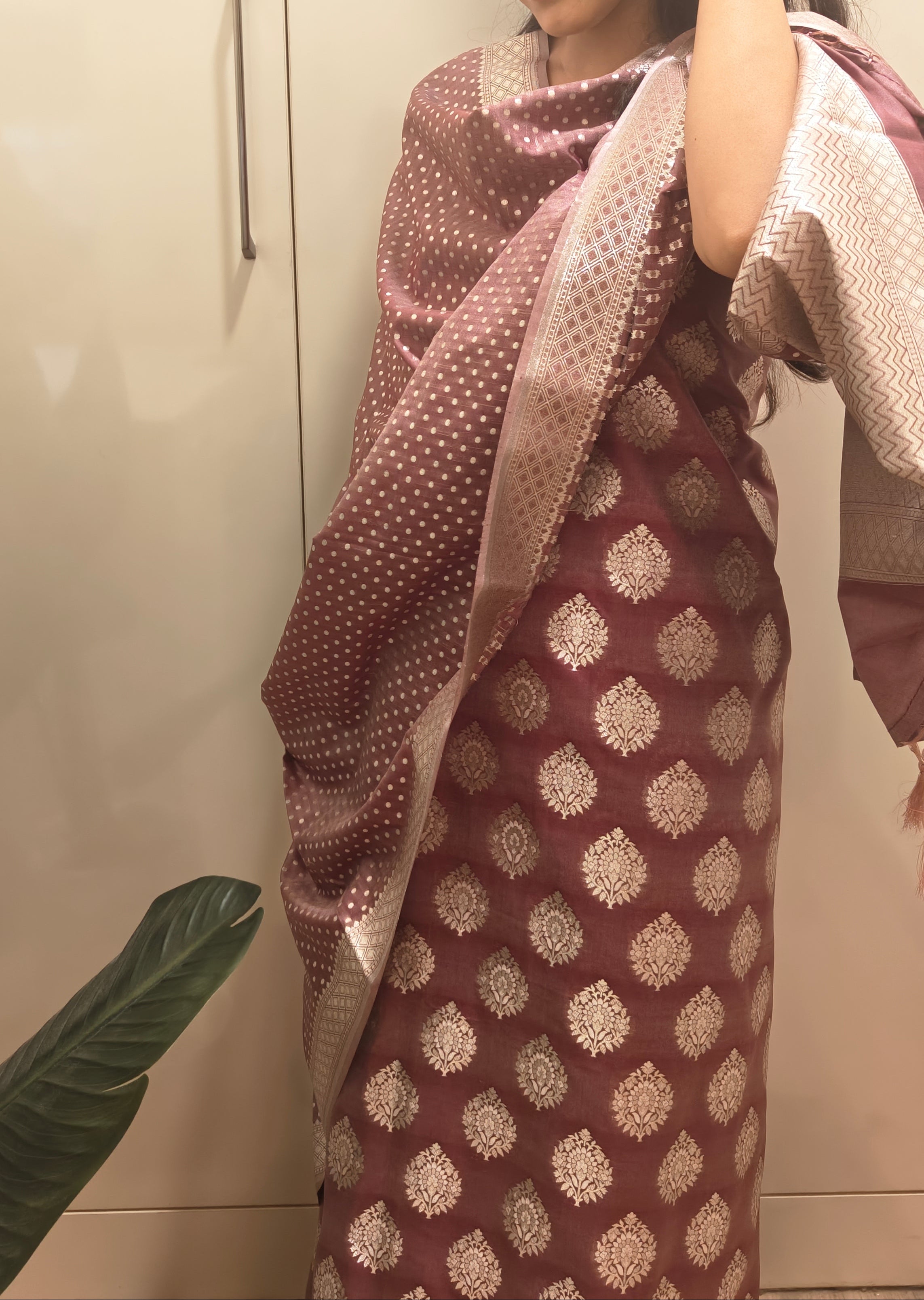 Wine Silk Suit with Silver Zari