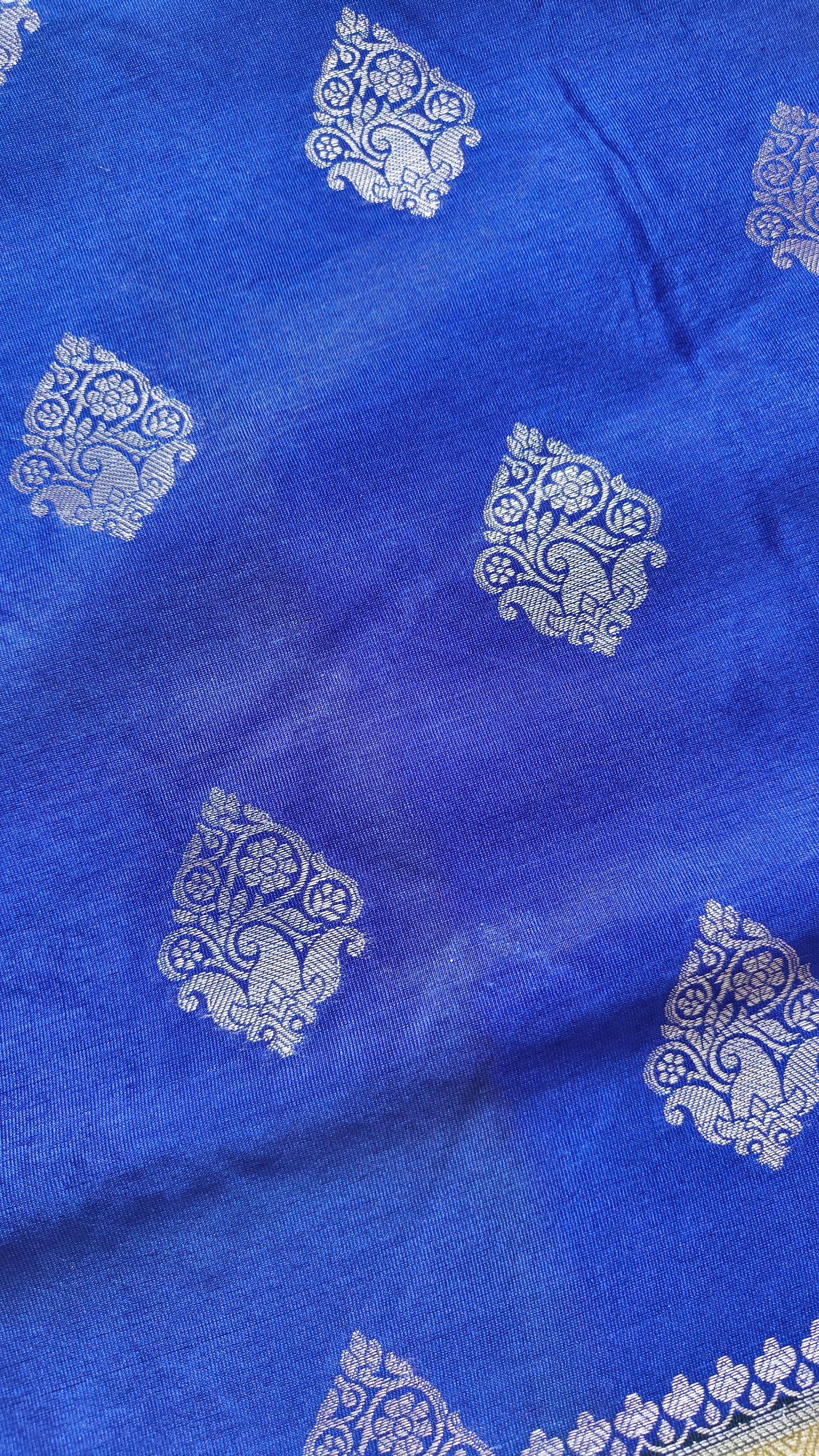 Yellow & Blue Banarasi Silk Saree with Booti Work & Elegant Border