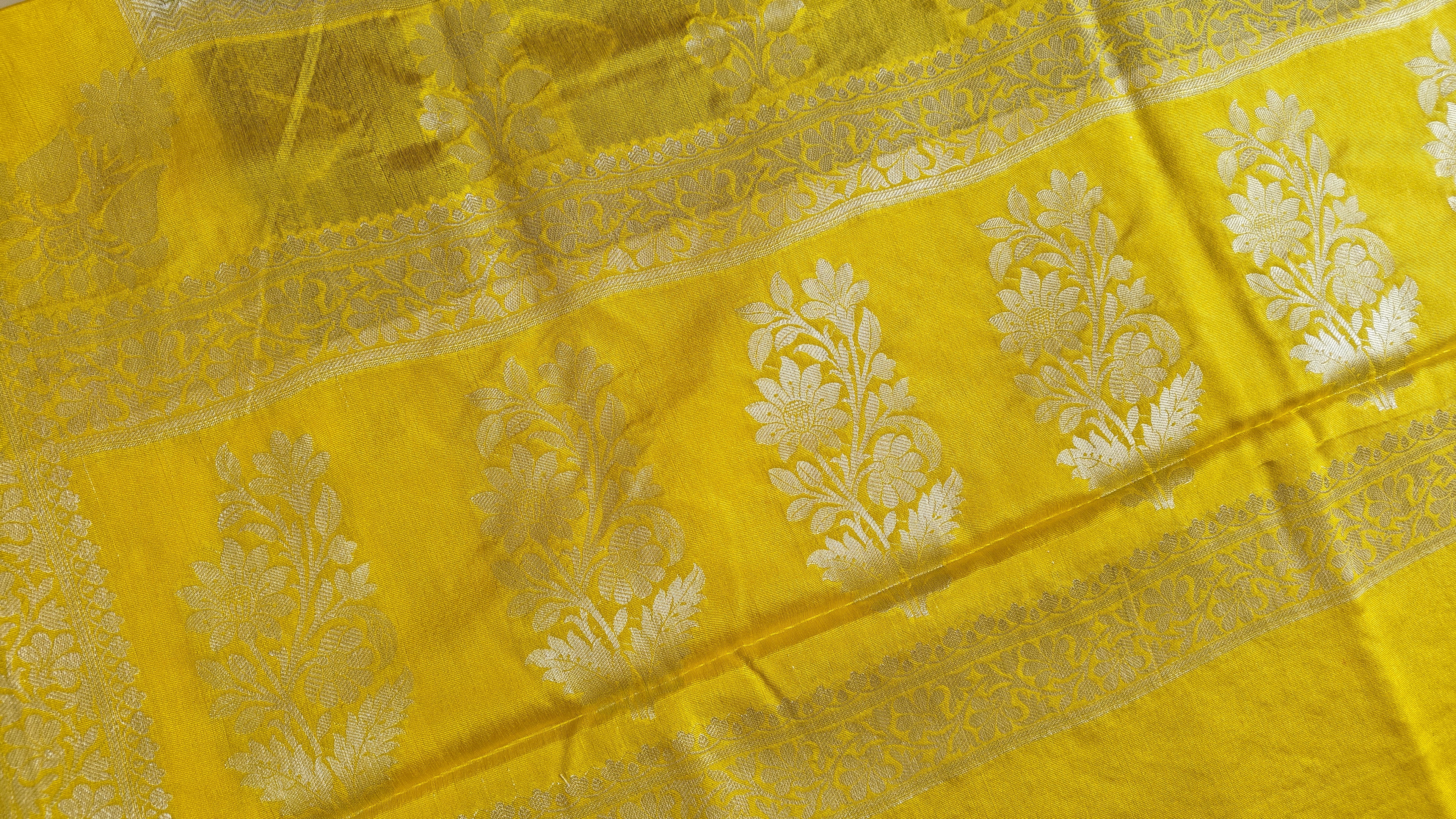 Yellow & Blue Banarasi Silk Saree with Booti Work & Elegant Border