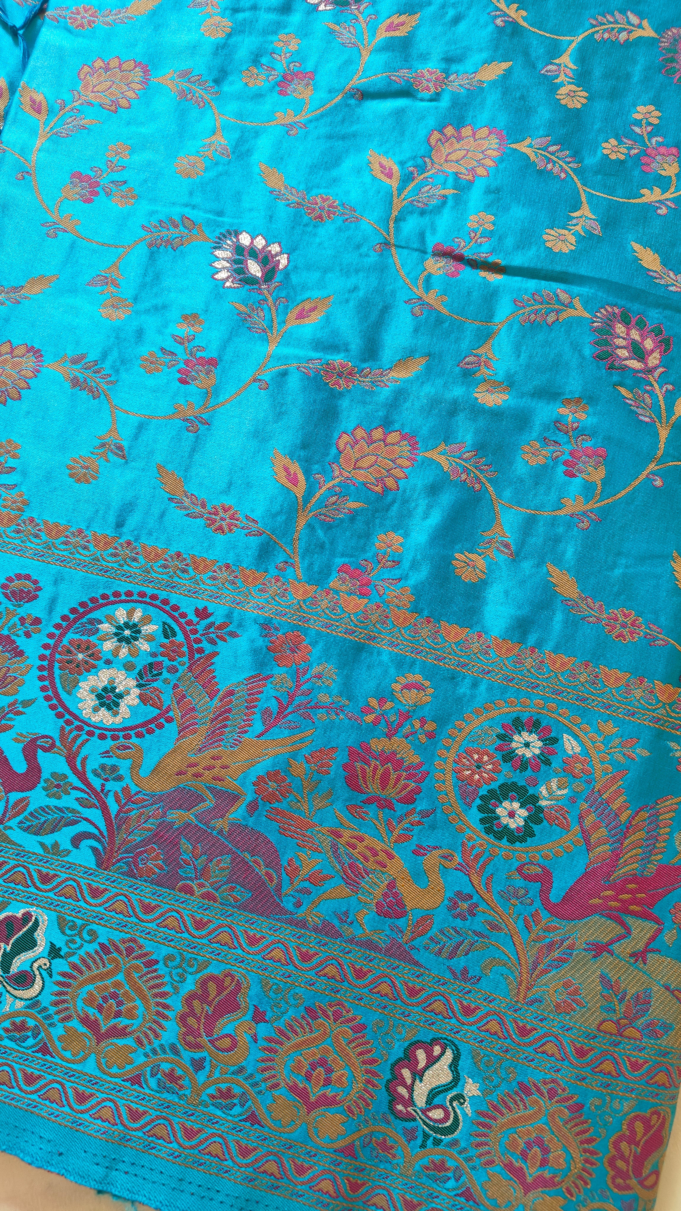 Ferozi Pashmina Saree with Jaal Work & Zari Booti