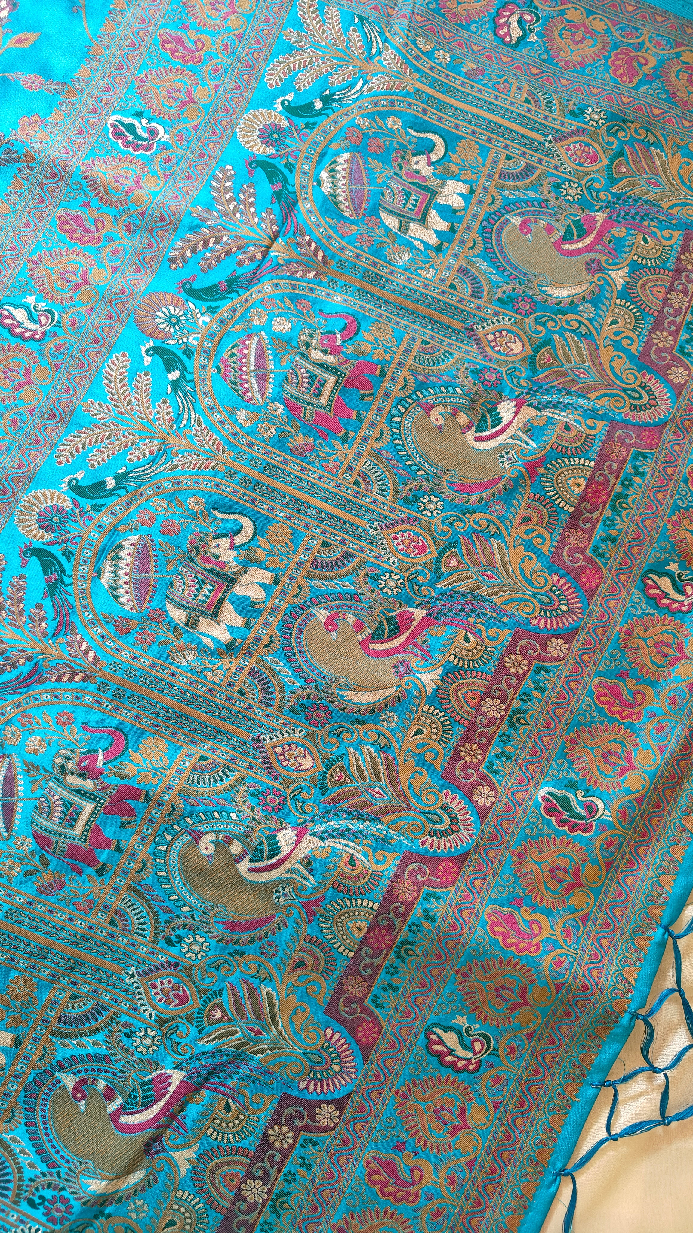 Ferozi Pashmina Saree with Jaal Work & Zari Booti