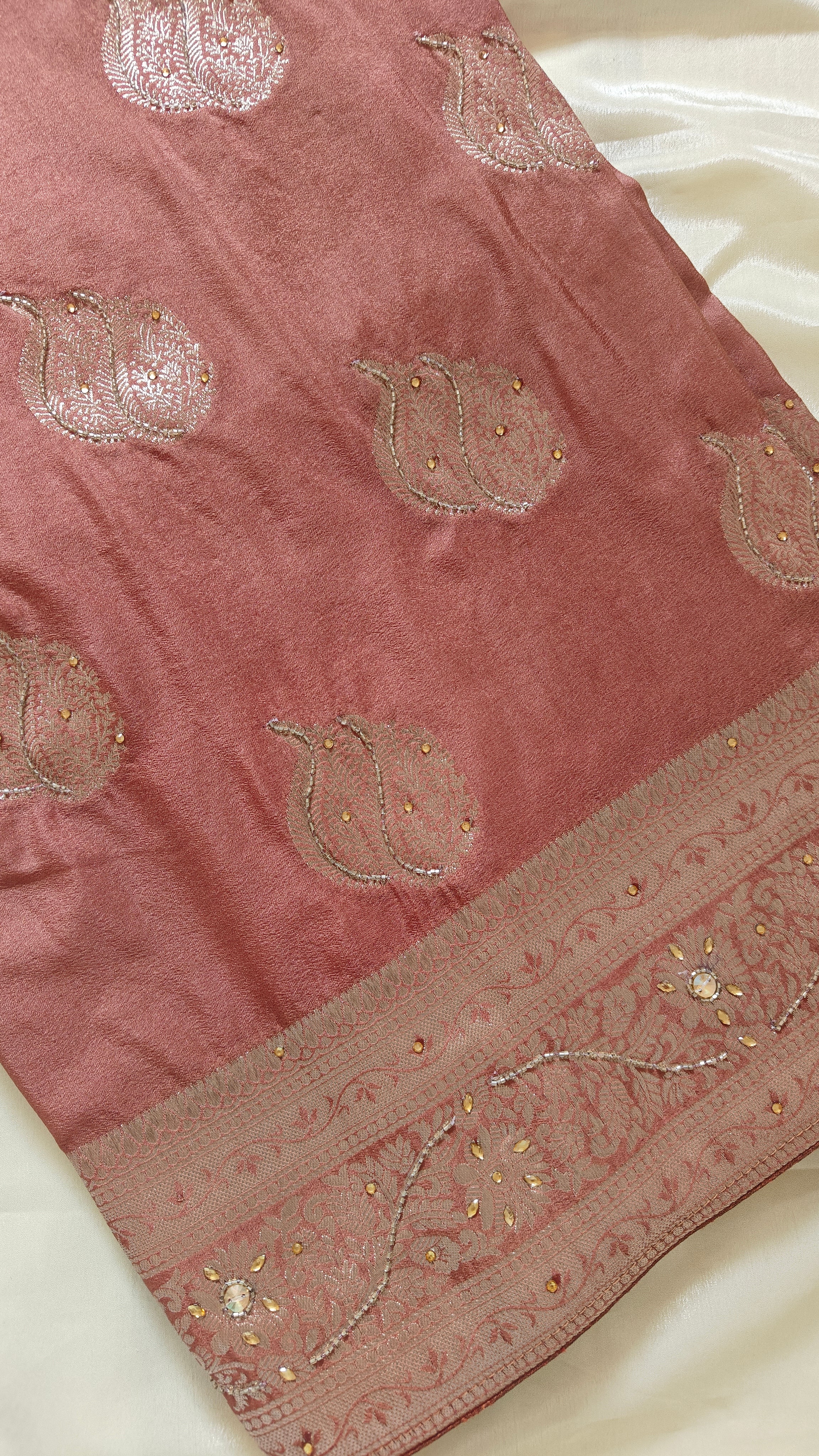 Elegant Rust Butter Crepe Saree with All-Over Handwork Detailing