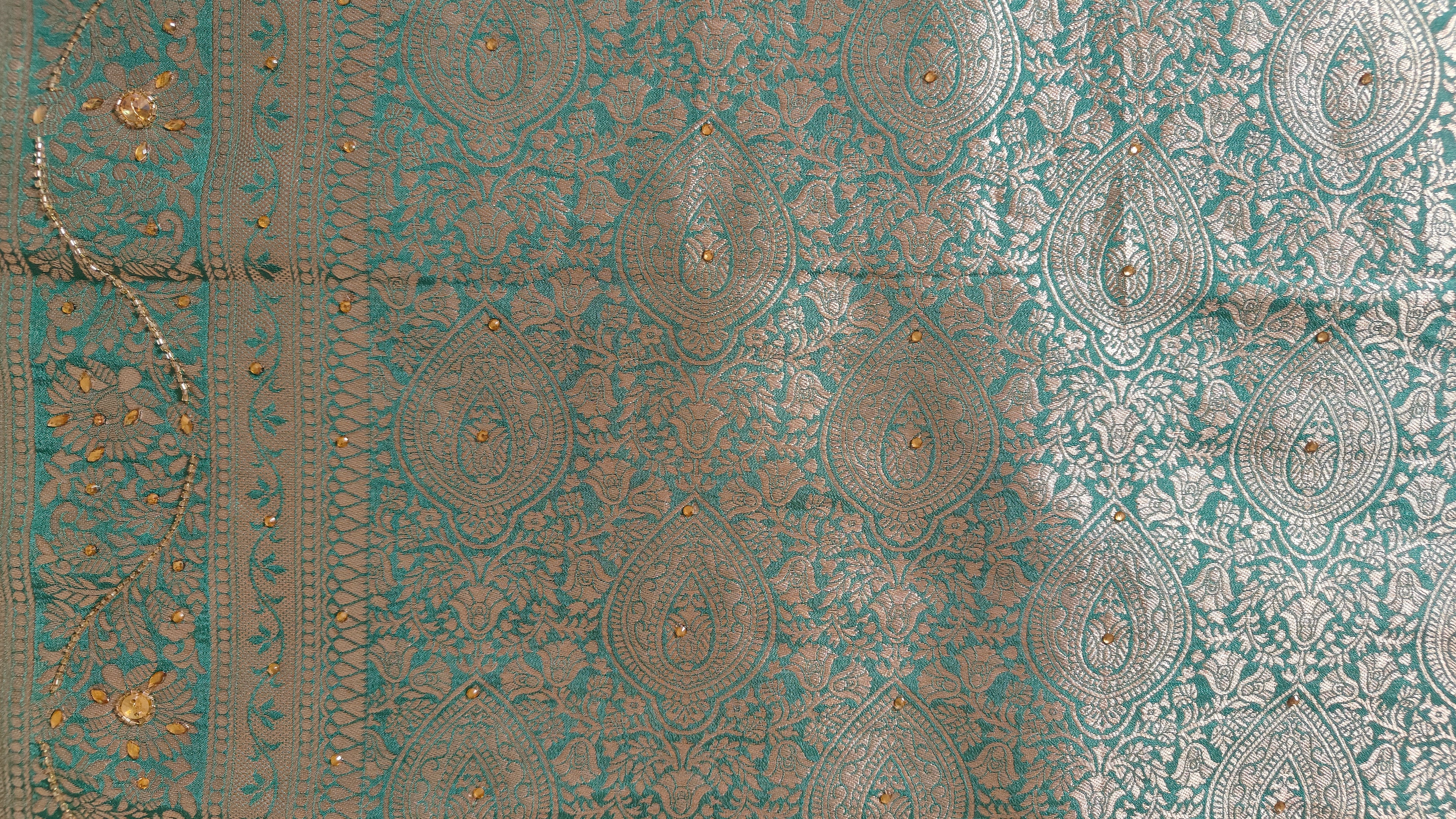 Elegant sea green Butter Crepe Saree with All-Over Handwork Detailing