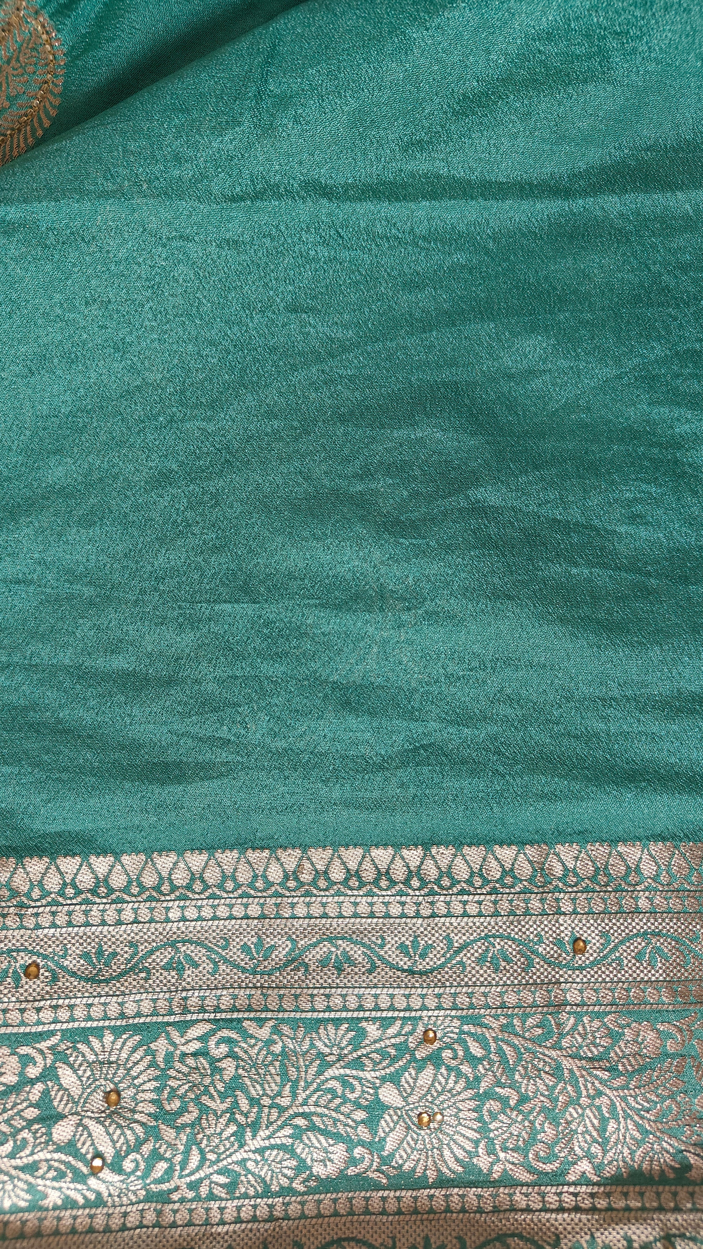 Elegant sea green Butter Crepe Saree with All-Over Handwork Detailing
