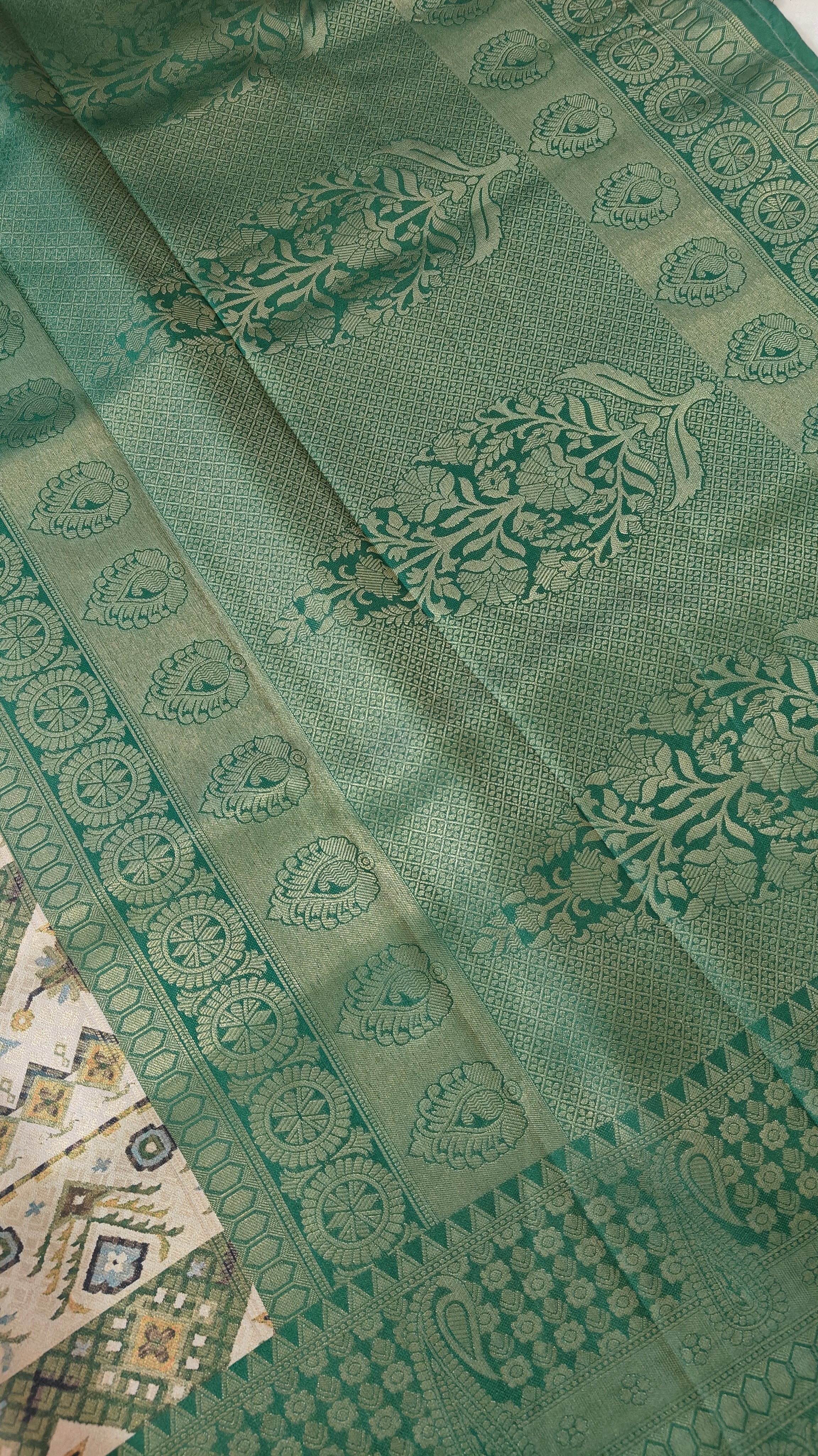 Green Cream Tissue Shimmer Saree