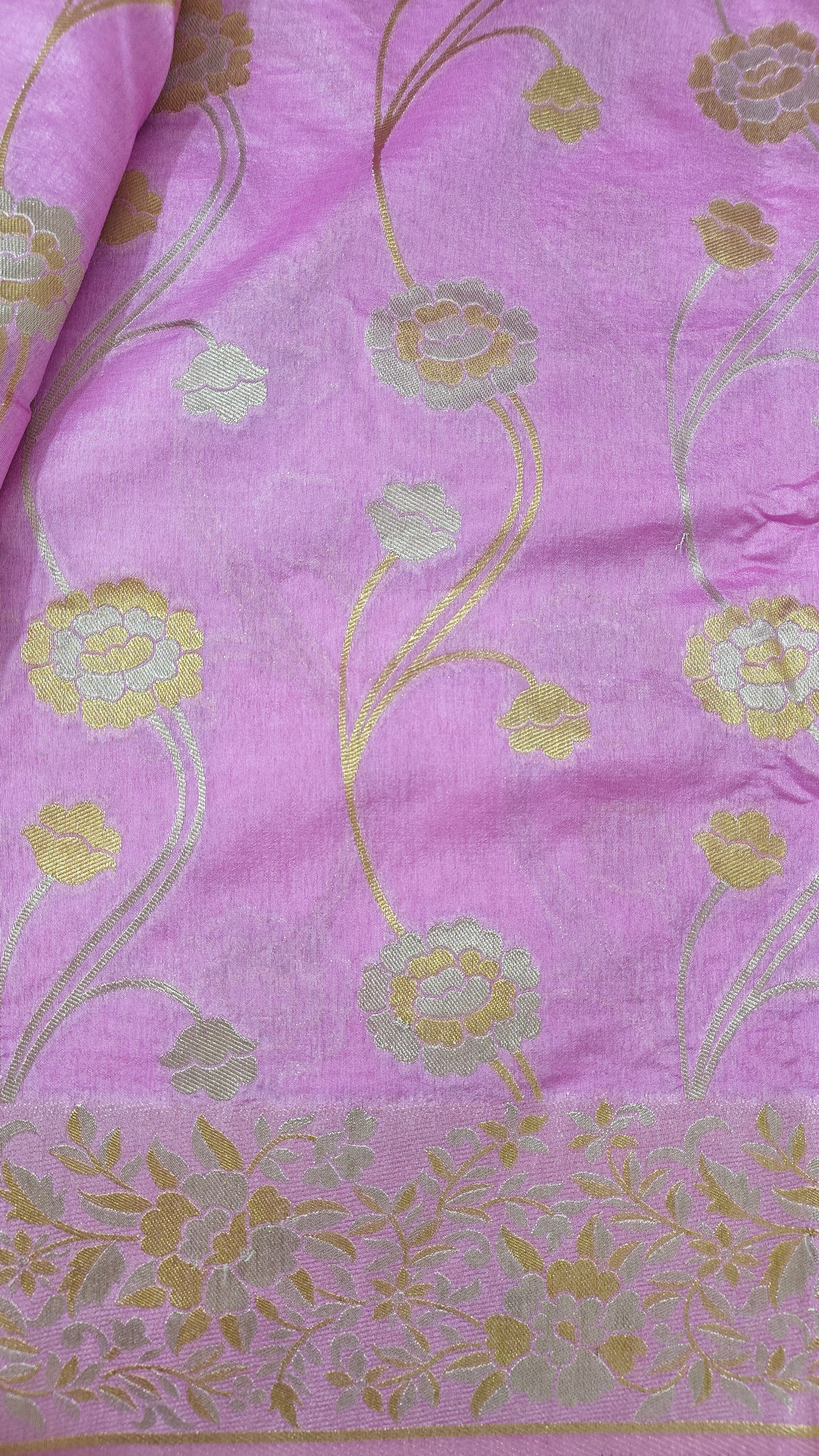 Pink Raw Silk Saree with Dual-Tone Zari Floral Weave