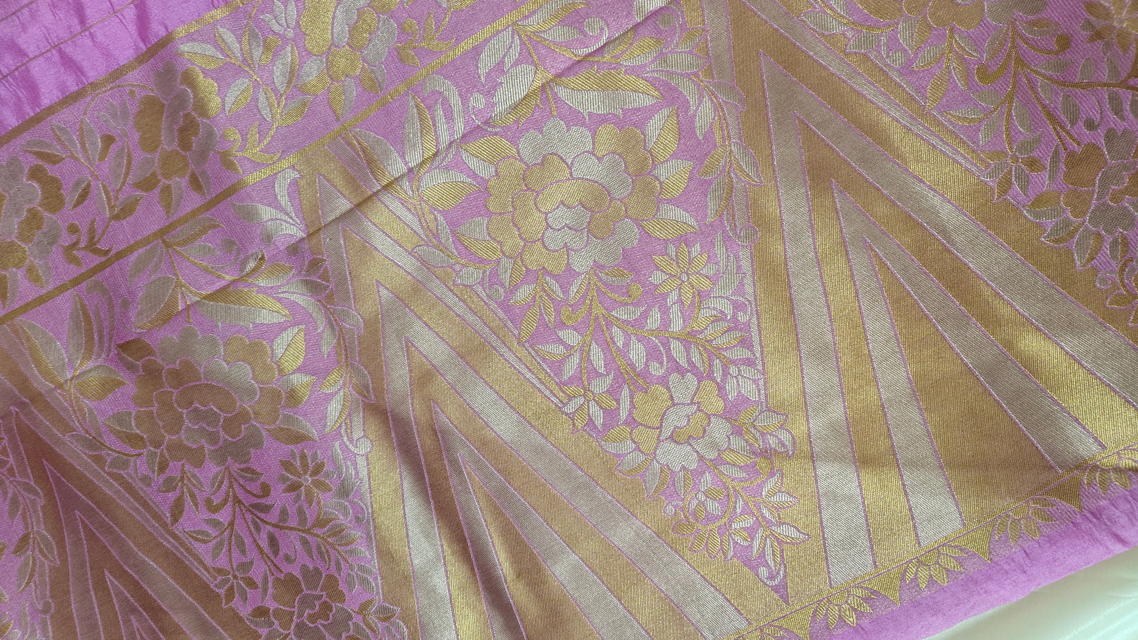 Pink Raw Silk Saree with Dual-Tone Zari Floral Weave