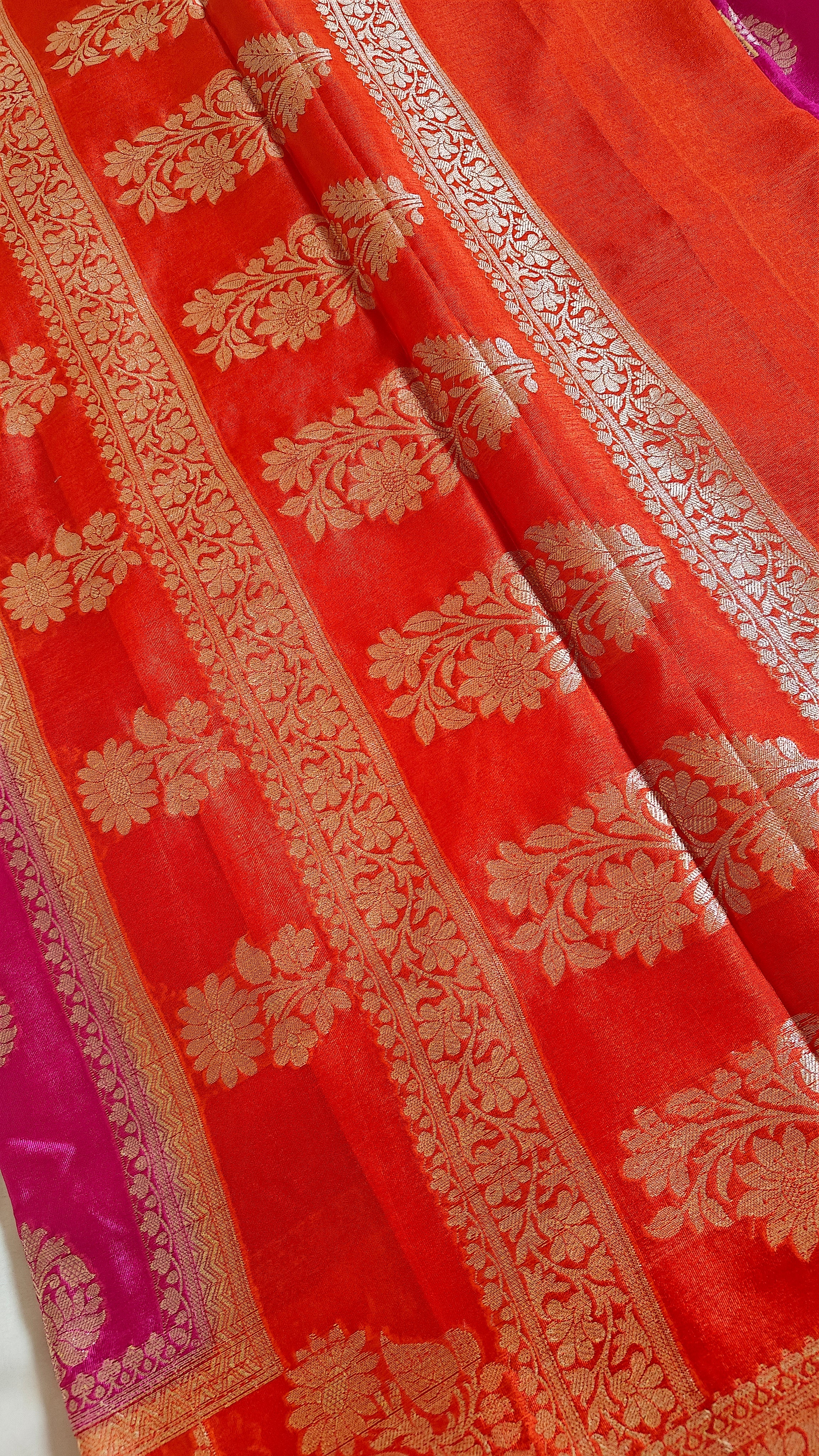 Orange & magenta pink Banarasi Silk Saree with Booti Work & Elegant Border