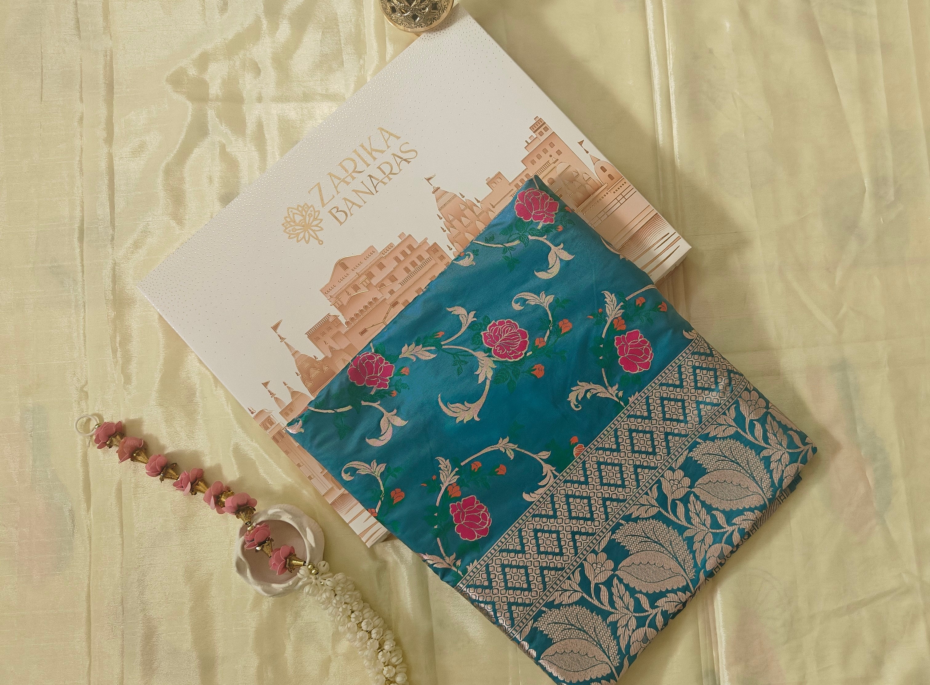 Turquoise Floral Jaal Katan Silk
