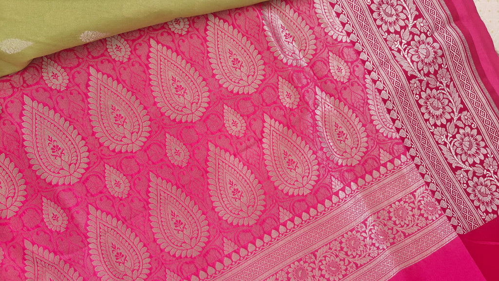 Parrot Green and Pink Silk Saree