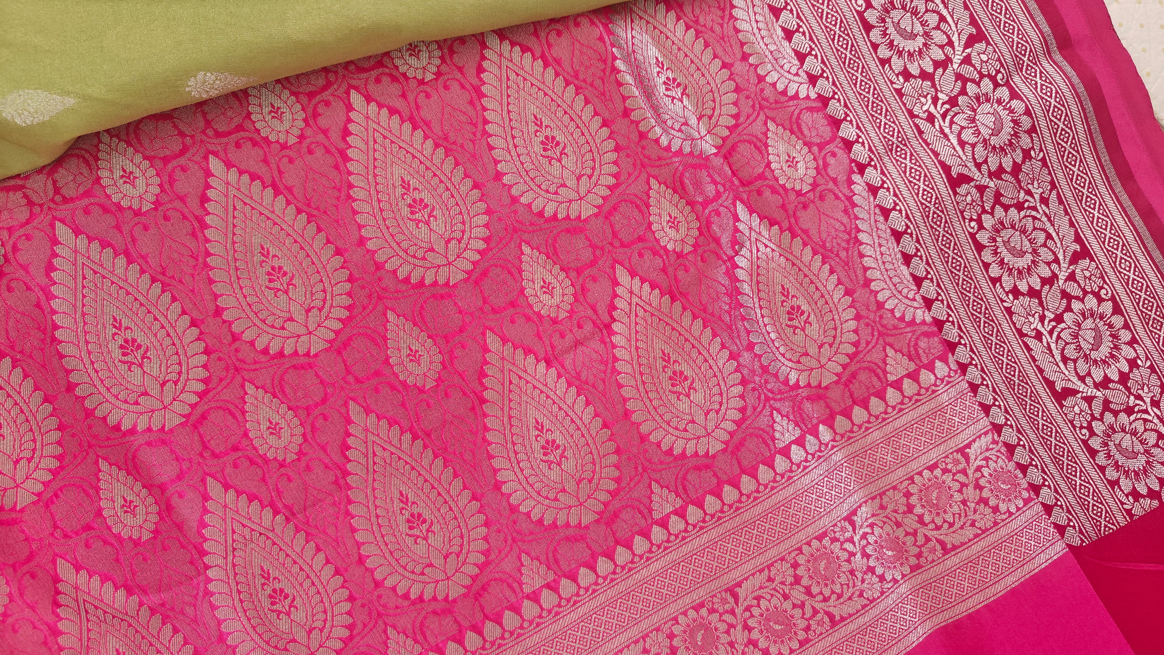 Parrot Green and Pink Silk Saree