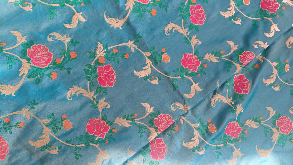 Turquoise Floral Jaal Katan Silk