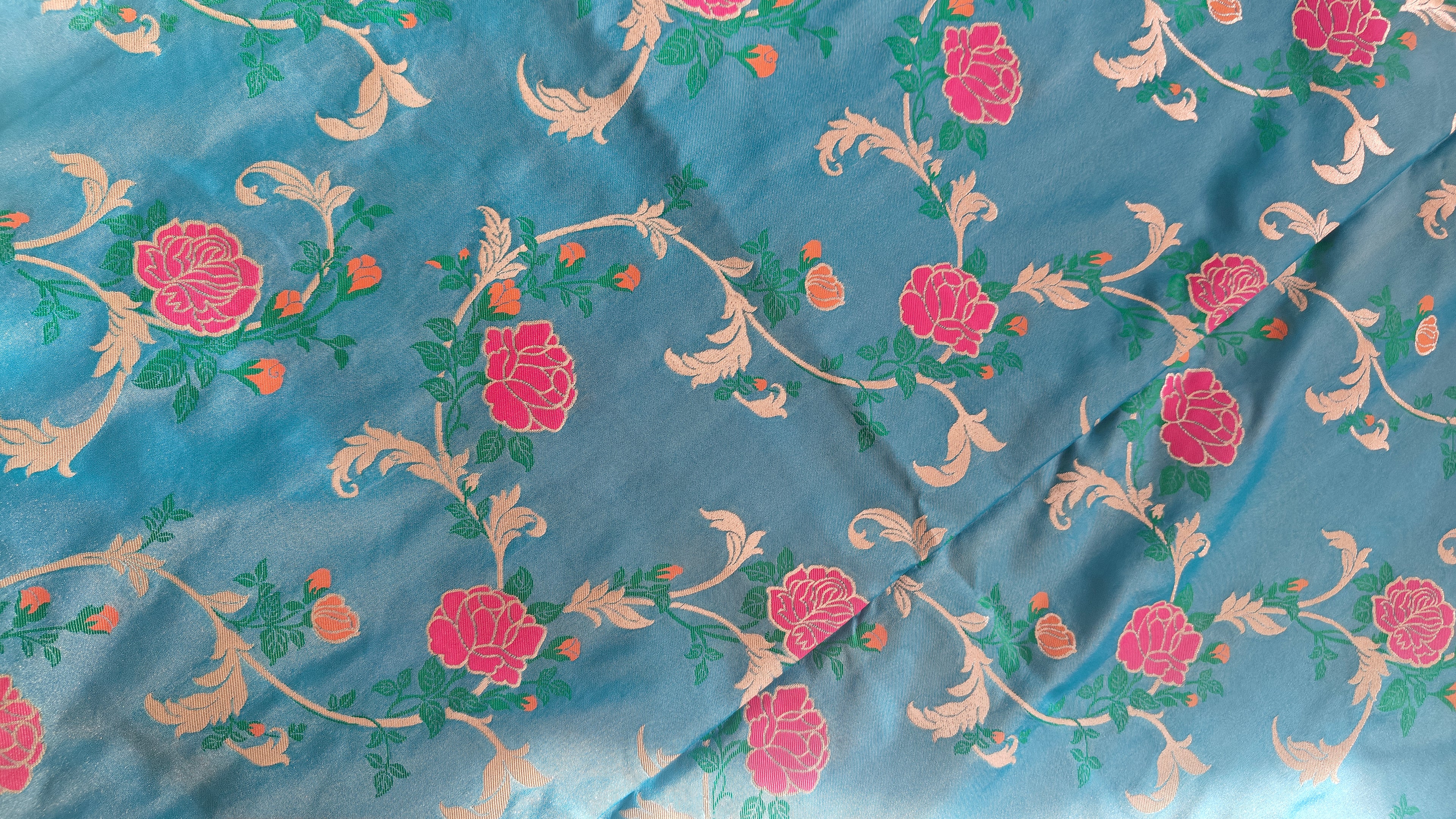 Turquoise Floral Jaal Katan Silk