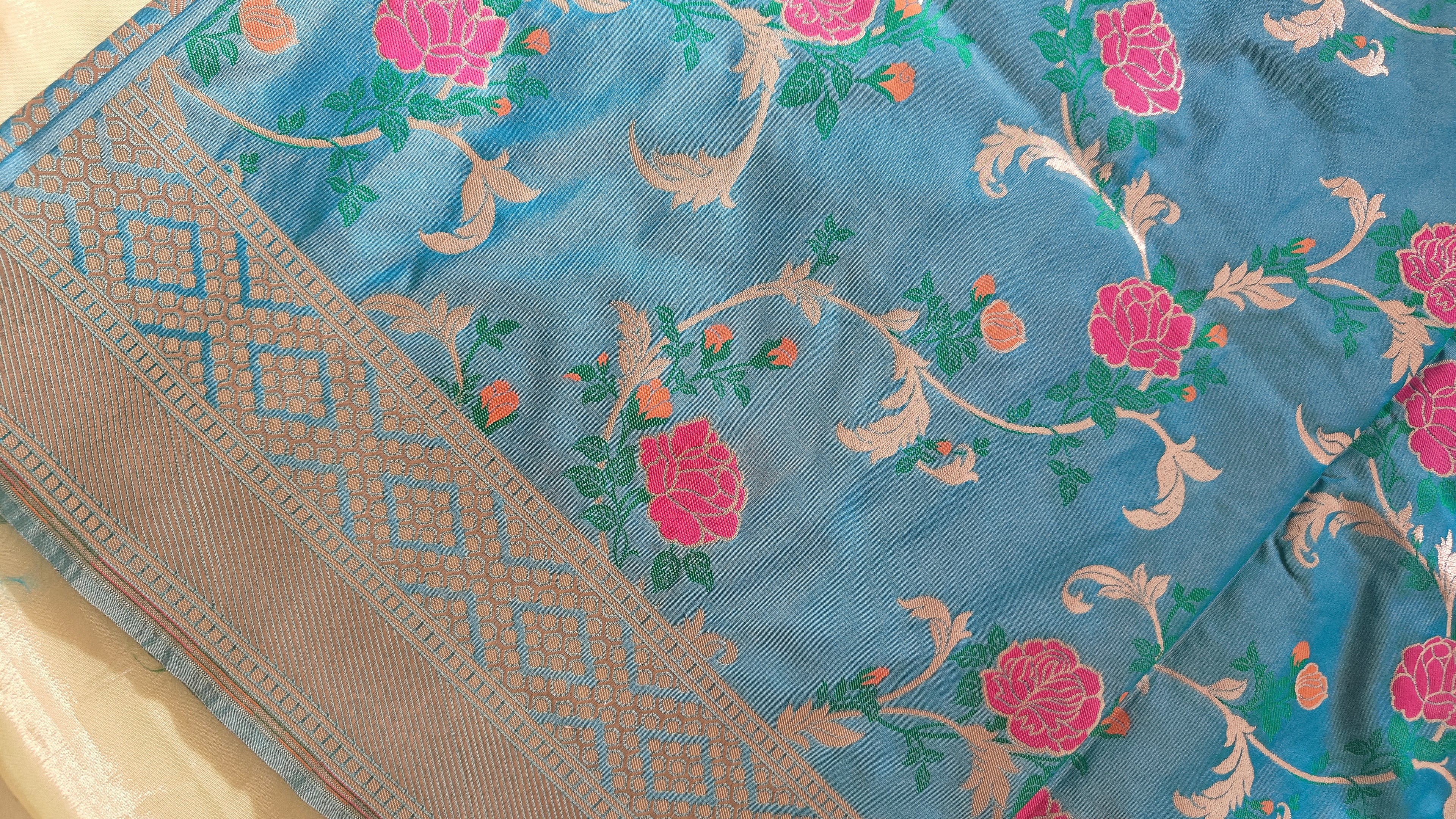 Turquoise Floral Jaal Katan Silk