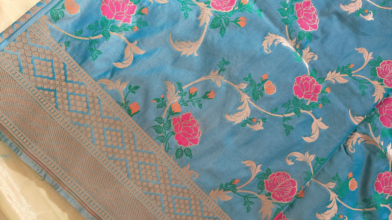 Turquoise Floral Jaal Katan Silk