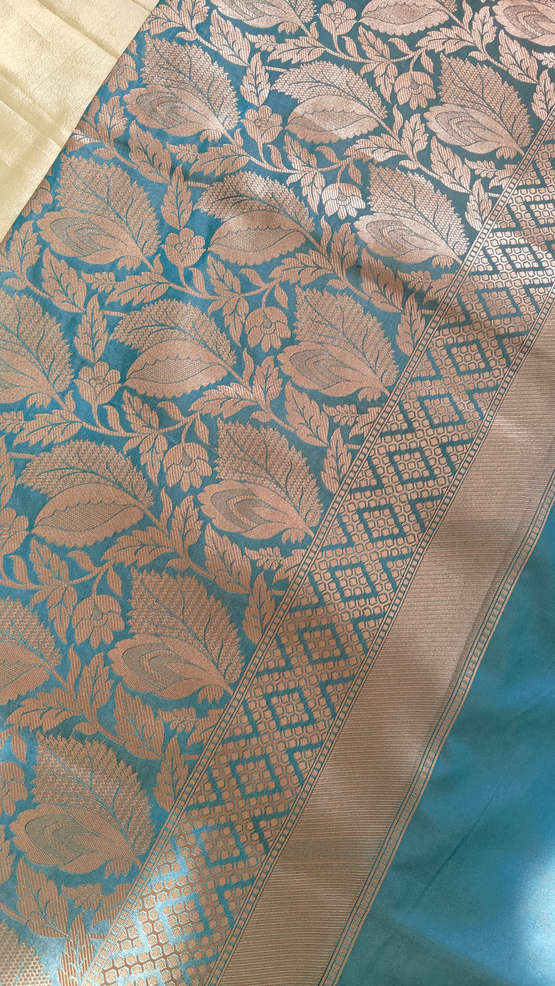 Turquoise Floral Jaal Katan Silk