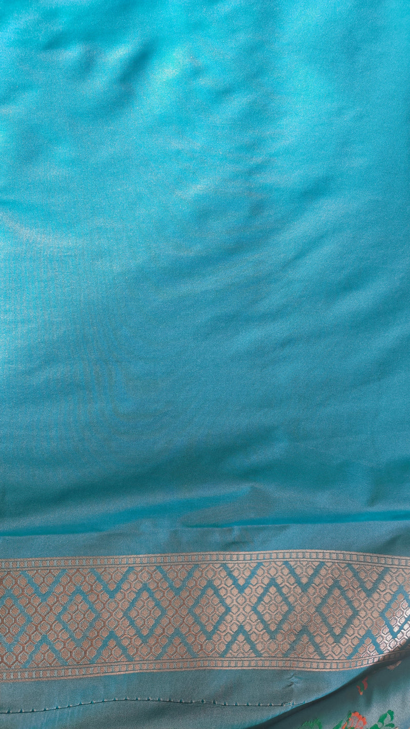Turquoise Floral Jaal Katan Silk