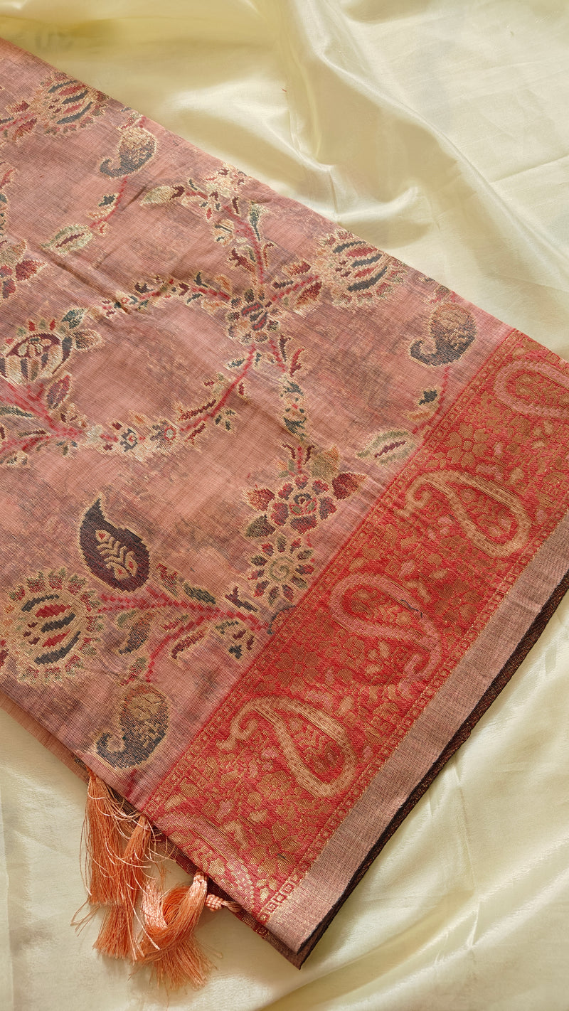 Peach Linen Zari Saree