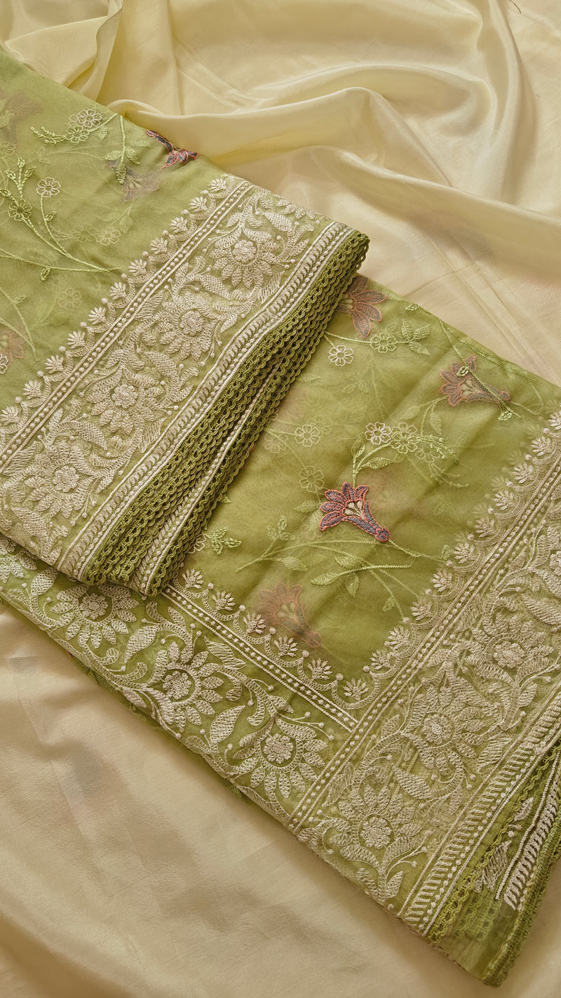 Parrot Thread Work Organza Saree